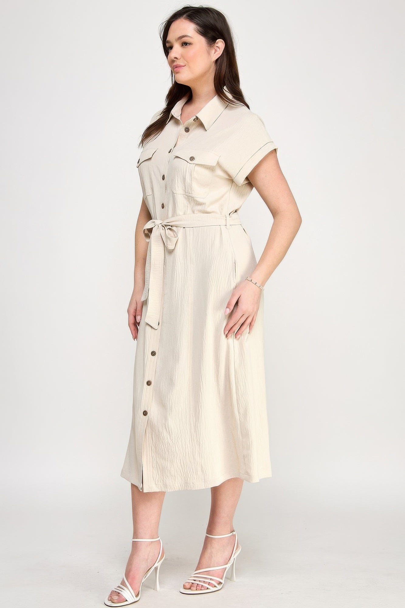 Front Tied Buttoned Short Sleeve Dress — Beige