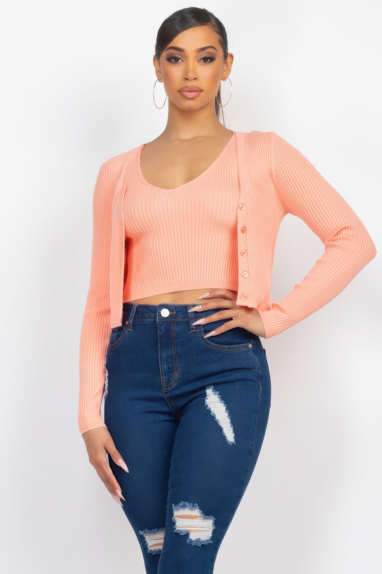 Crop Tank Top & Cardigan Sweater Set — Peach