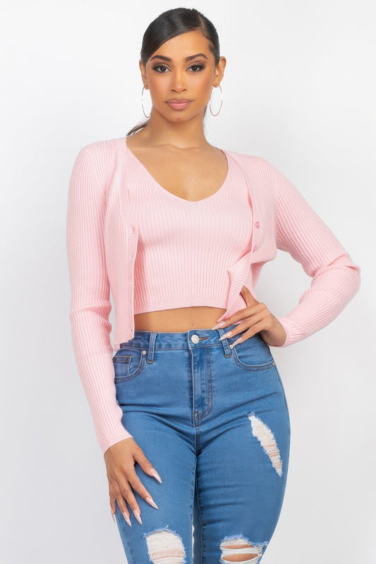 Crop Tank Top & Cardigan Sweater Set — Blush