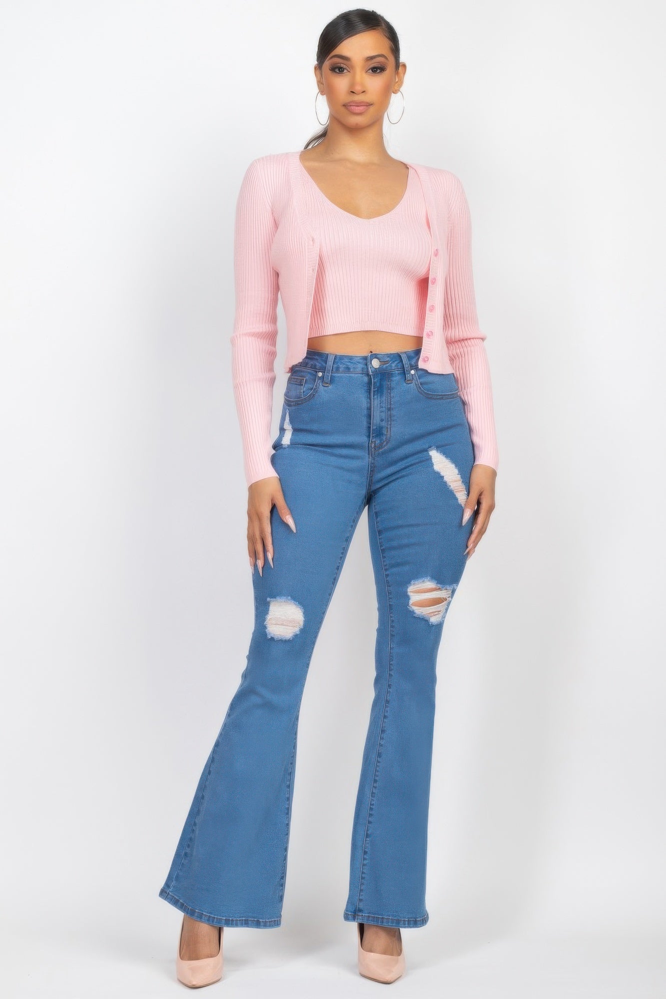 Crop Tank Top & Cardigan Sweater Set — Blush