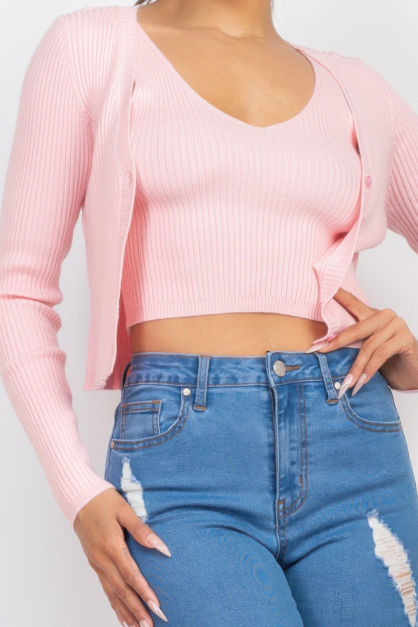 Crop Tank Top & Cardigan Sweater Set — Blush