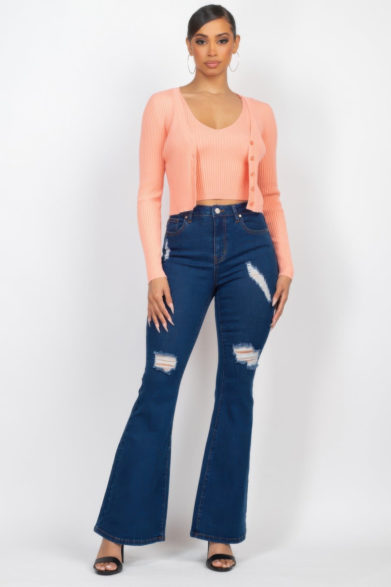 Crop Tank Top & Cardigan Sweater Set — Peach