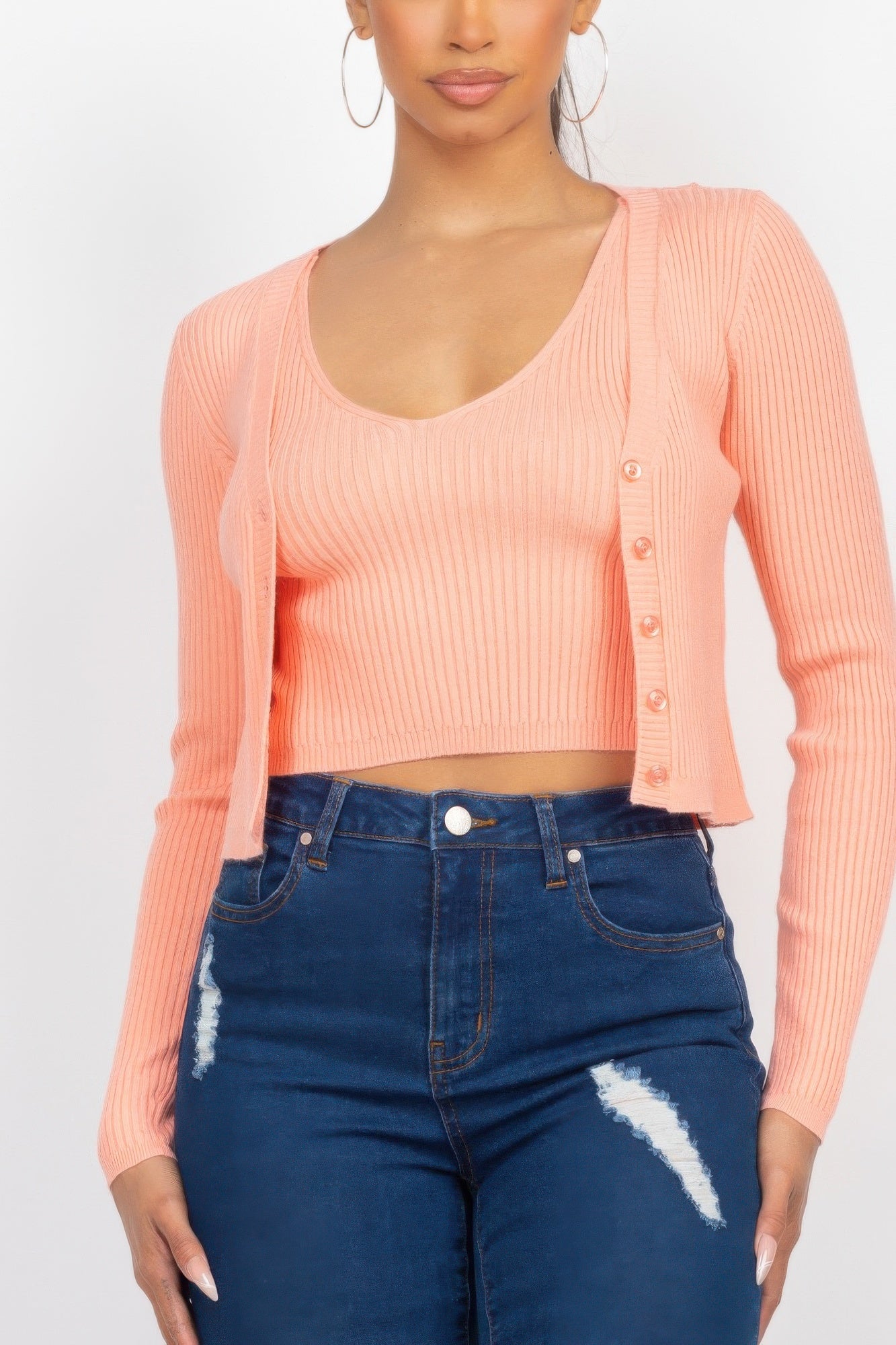 Crop Tank Top & Cardigan Sweater Set — Peach
