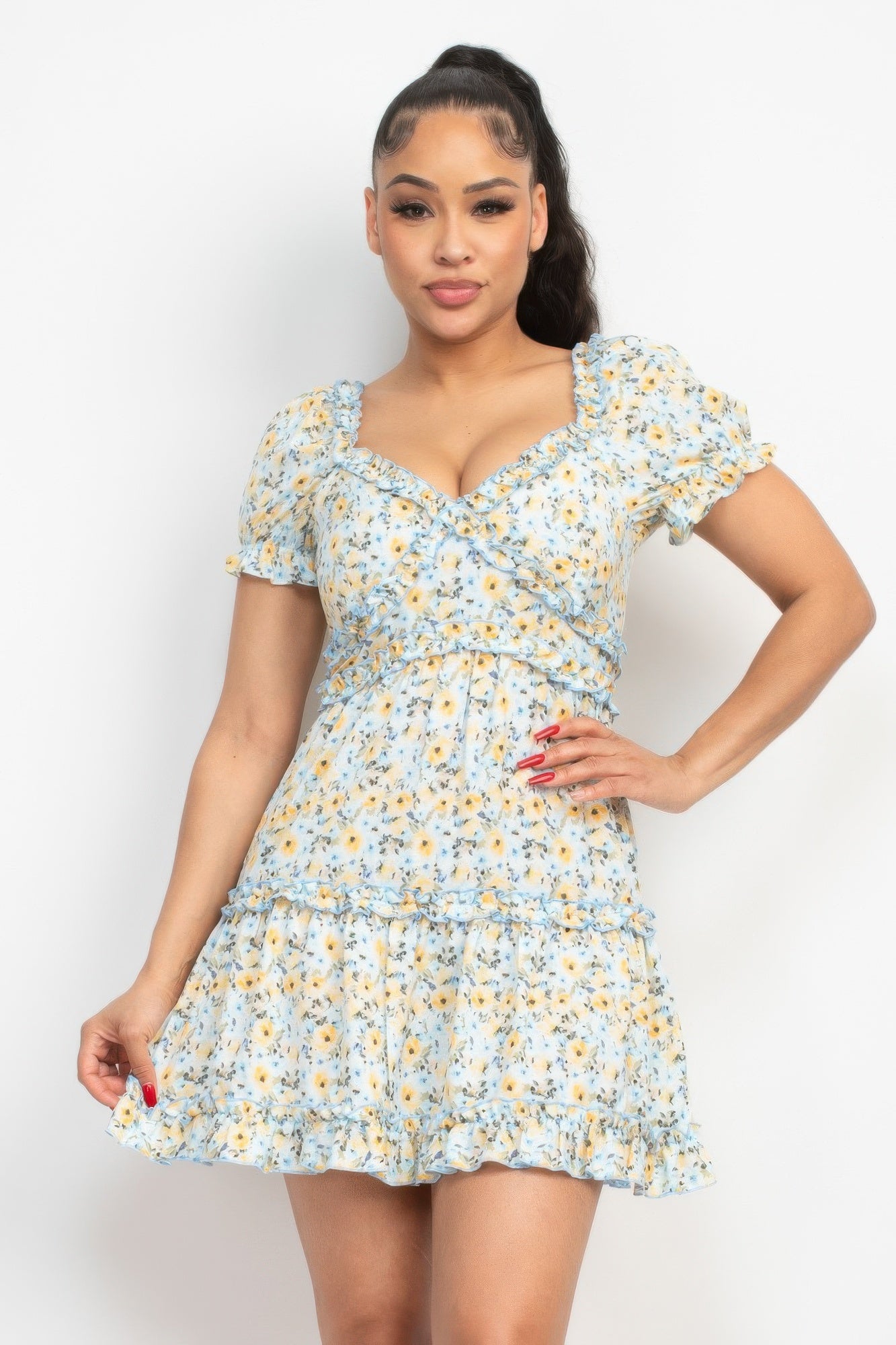 Ruffled Floral Puff Sleeve Dress — Blue