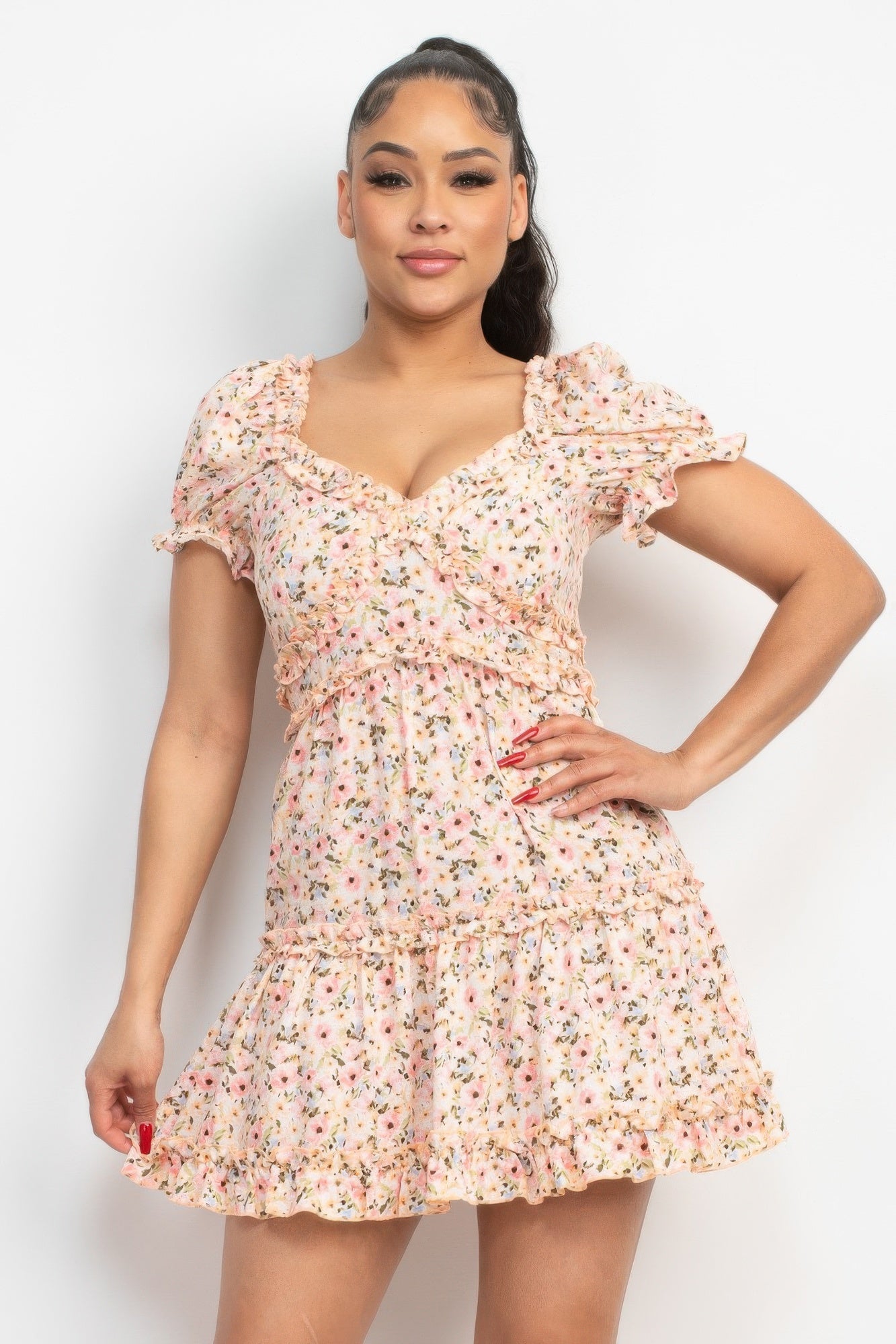 Ruffled Floral Puff Sleeve Dress — Pink