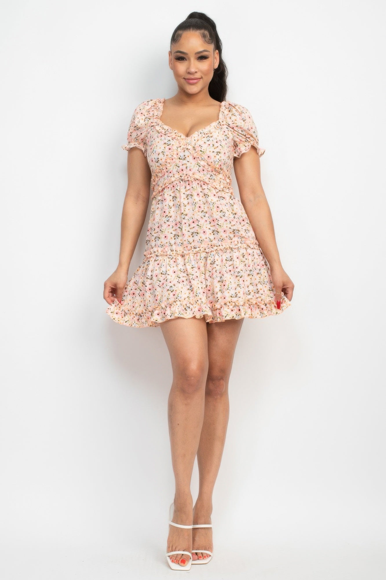 Ruffled Floral Puff Sleeve Dress — Pink