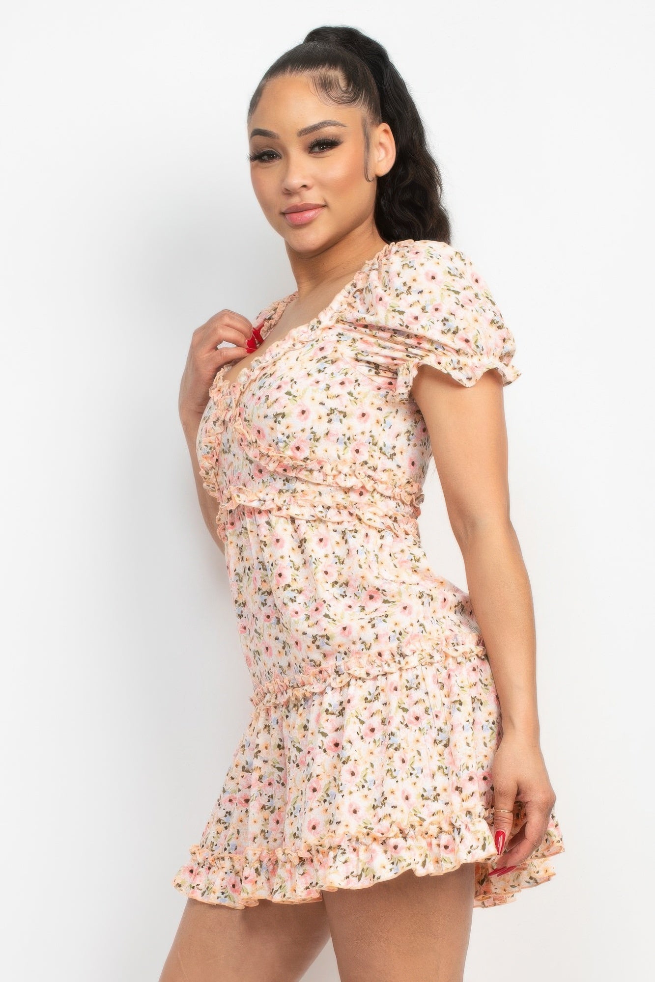 Ruffled Floral Puff Sleeve Dress — Pink