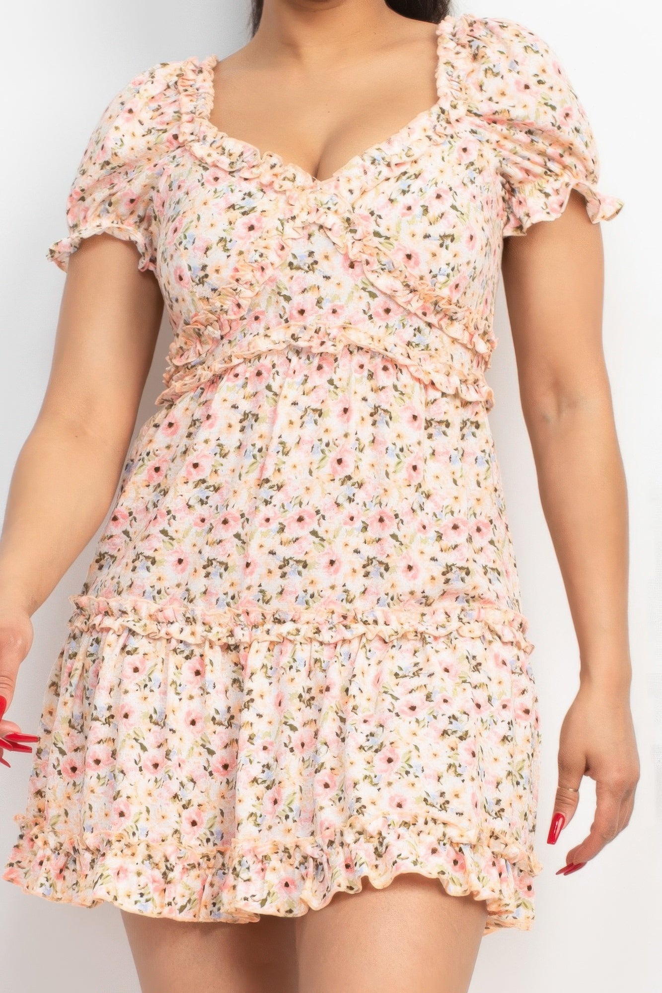 Ruffled Floral Puff Sleeve Dress — Pink