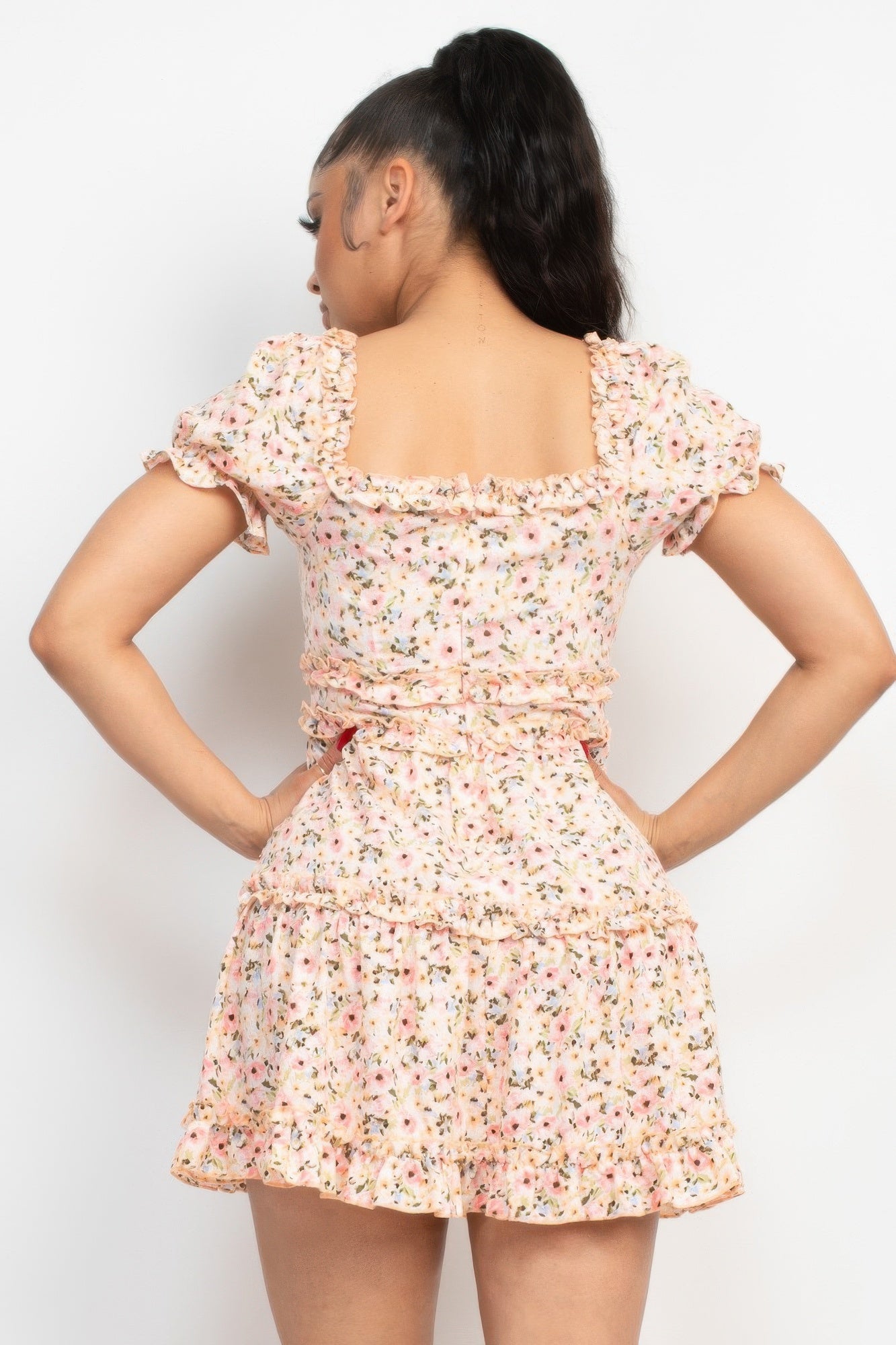 Ruffled Floral Puff Sleeve Dress — Pink