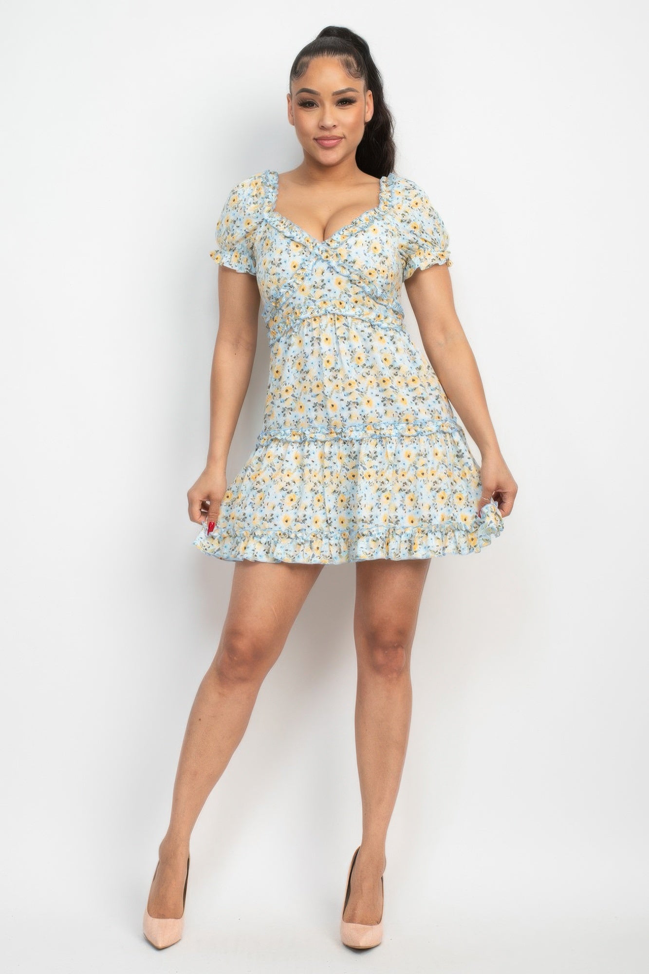 Ruffled Floral Puff Sleeve Dress — Blue