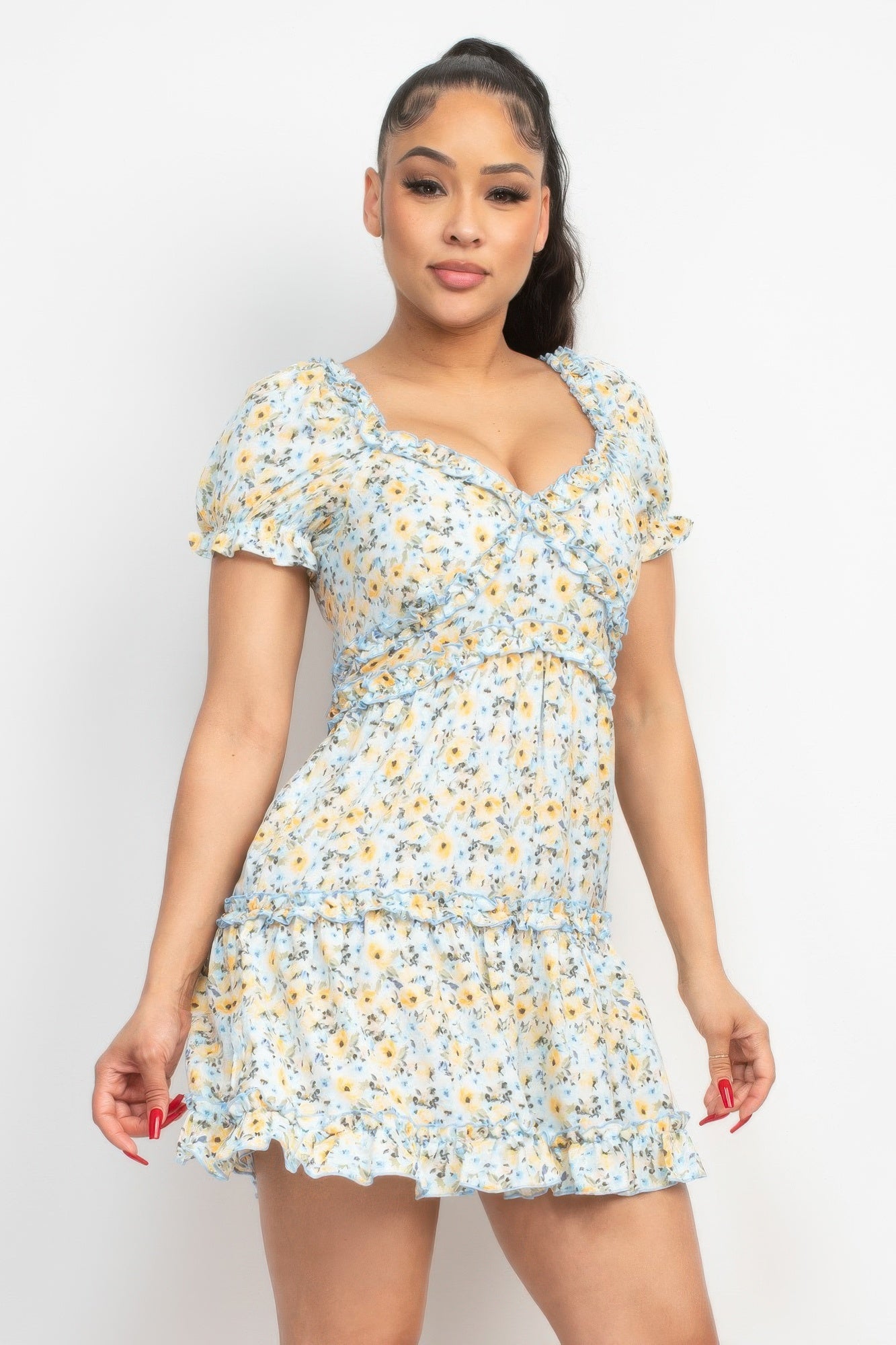Ruffled Floral Puff Sleeve Dress — Blue