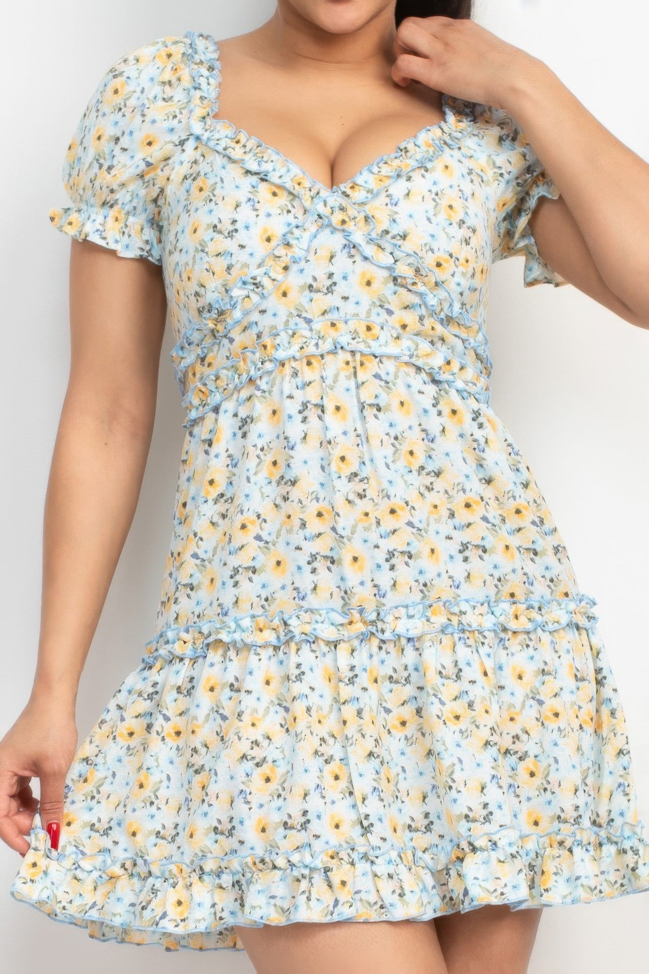 Ruffled Floral Puff Sleeve Dress — Blue
