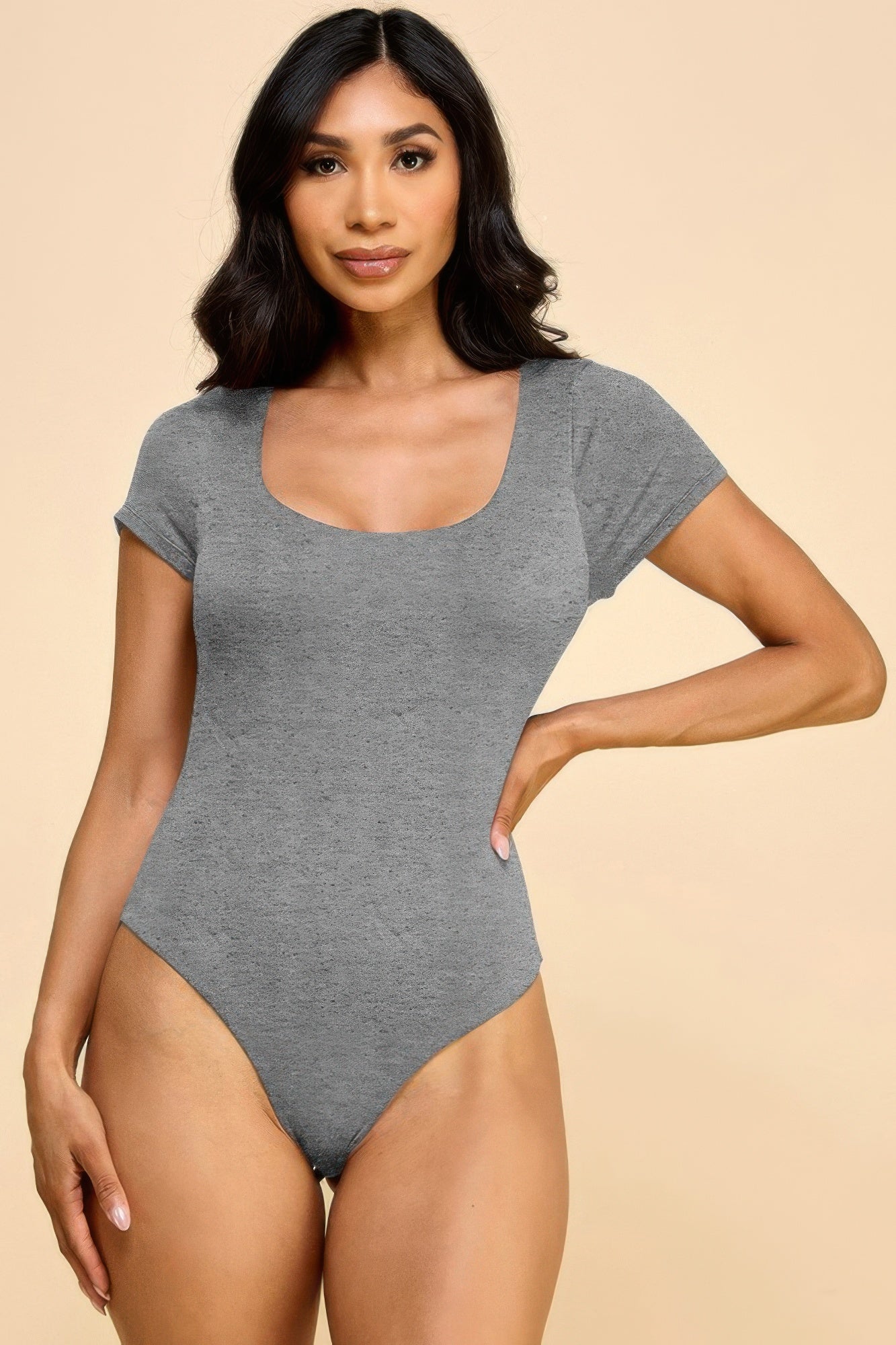 Short Sleeve Scoop Neck Double Layered Bodysuit — Light heather charcoal