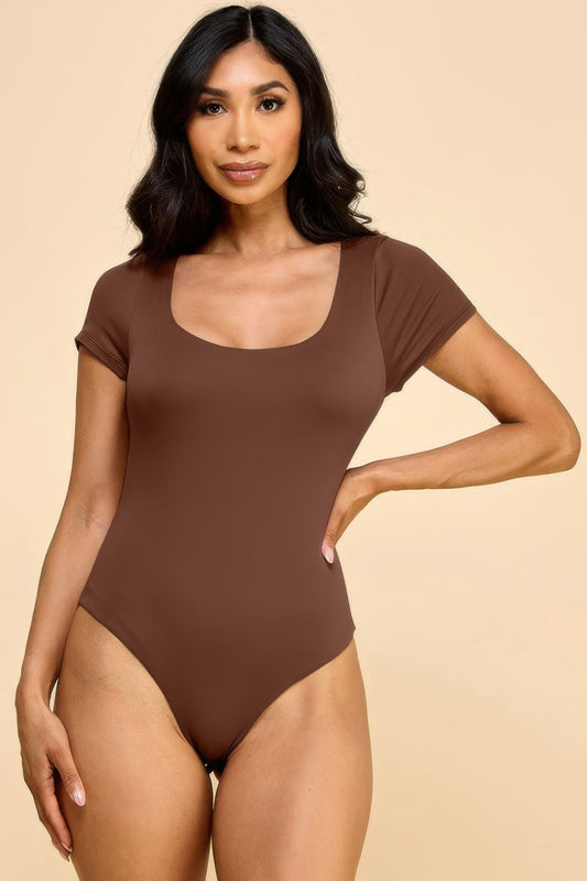 Short Sleeve Scoop Neck Double Layered Bodysuit — Chocolate