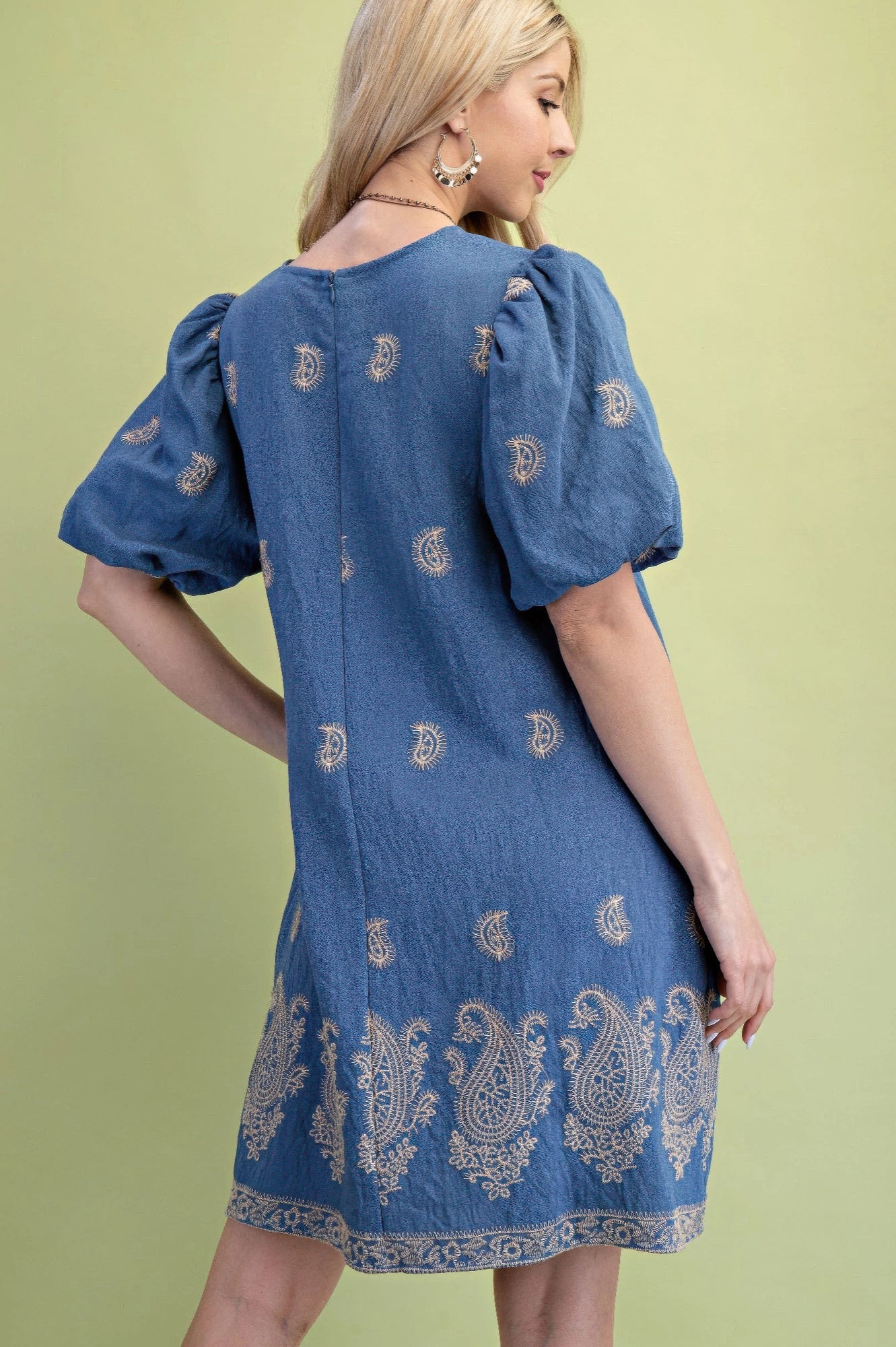 Paisley Embroidered Round Neck Mini Dress With Short Puff Sleeves