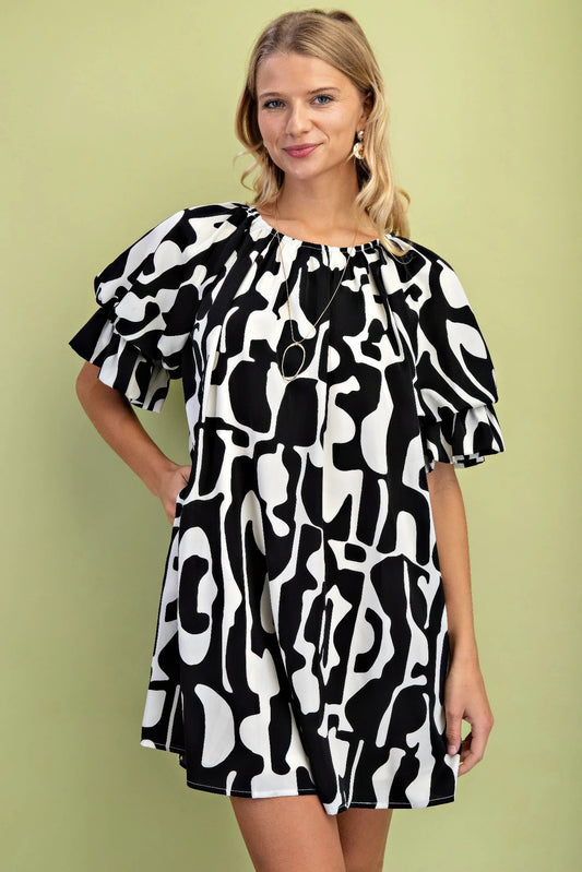 Geometric Print Loose Fit Mini Dress With Gathered Balloon Sleeves — Black