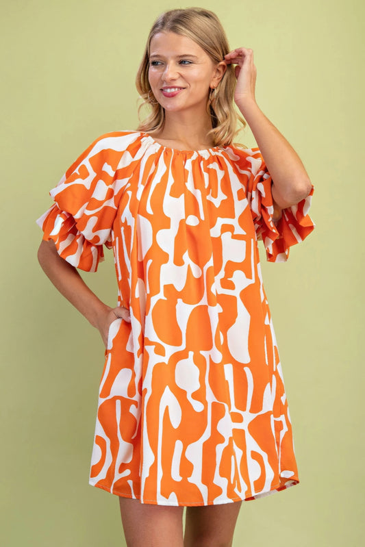 Geometric Print Loose Fit Mini Dress With Gathered Balloon Sleeves — Orange