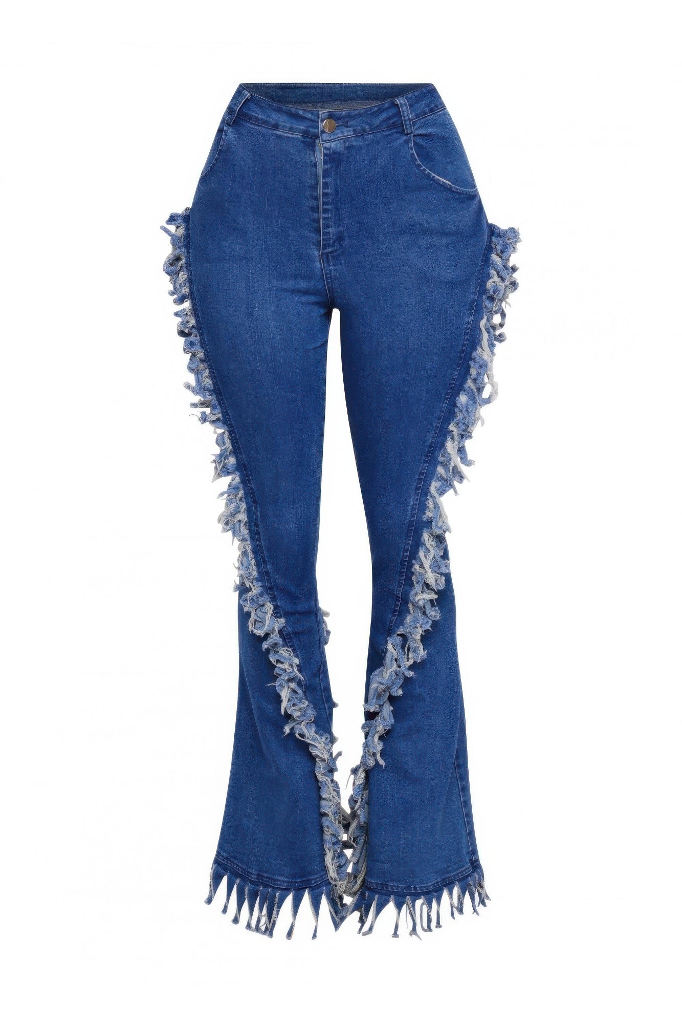 Distressed Fringe Denim Flared Pant — Light blue