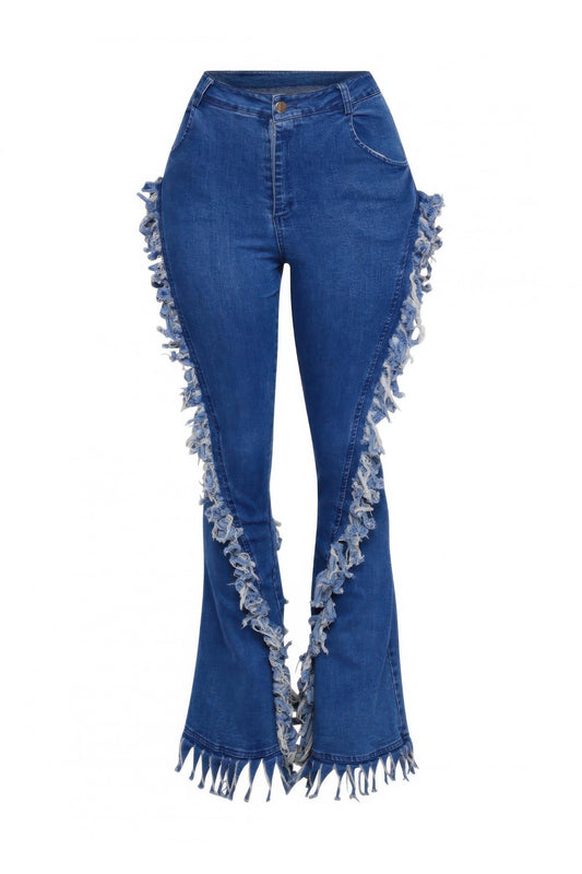 Distressed Fringe Denim Flared Pant — Light blue