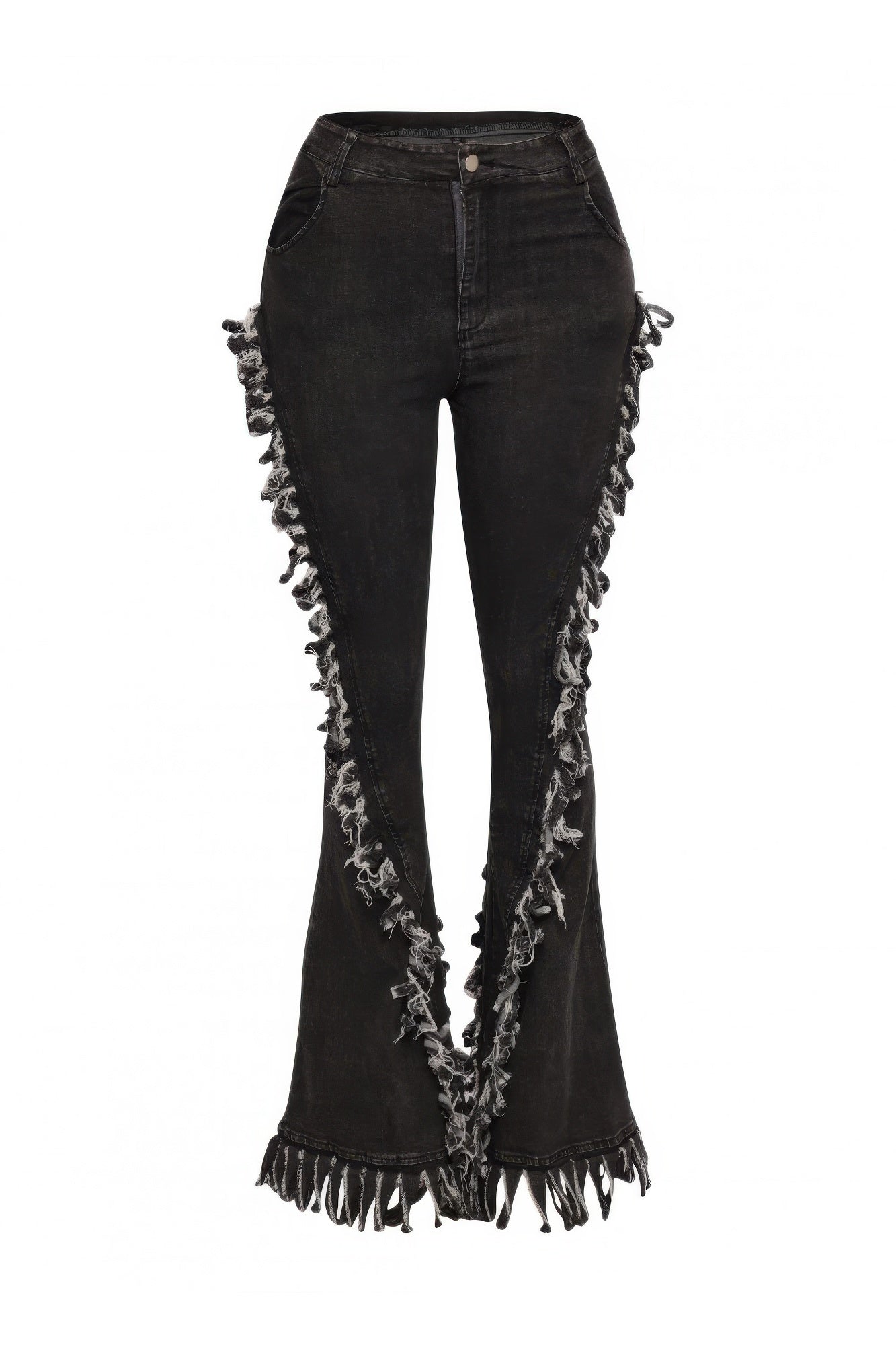 Distressed Fringe Denim Flared Pant — Grey
