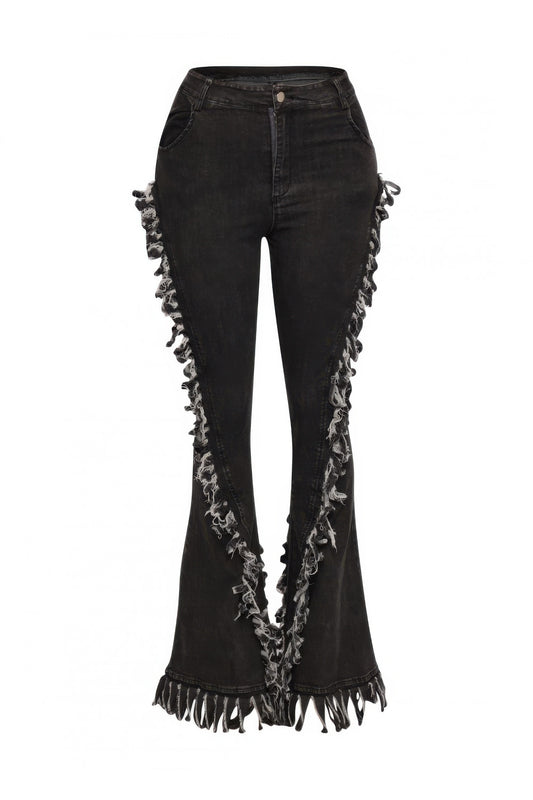 Distressed Fringe Denim Flared Pant — Grey