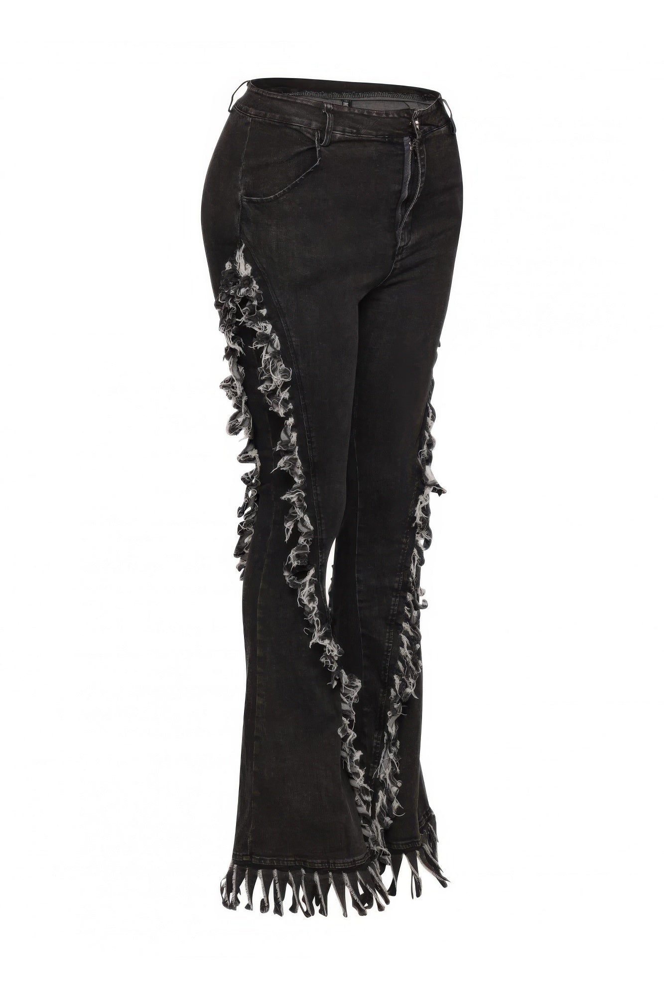 Distressed Fringe Denim Flared Pant — Grey
