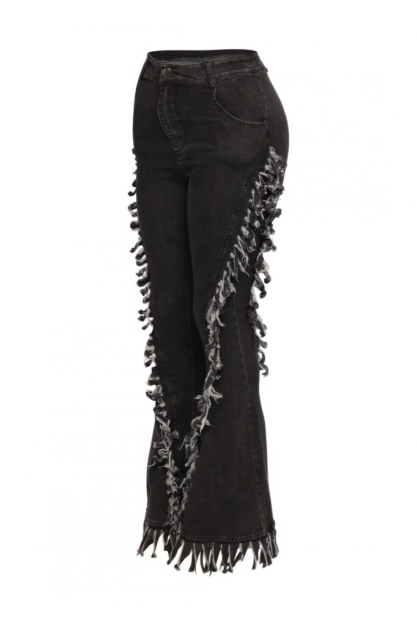 Distressed Fringe Denim Flared Pant — Grey