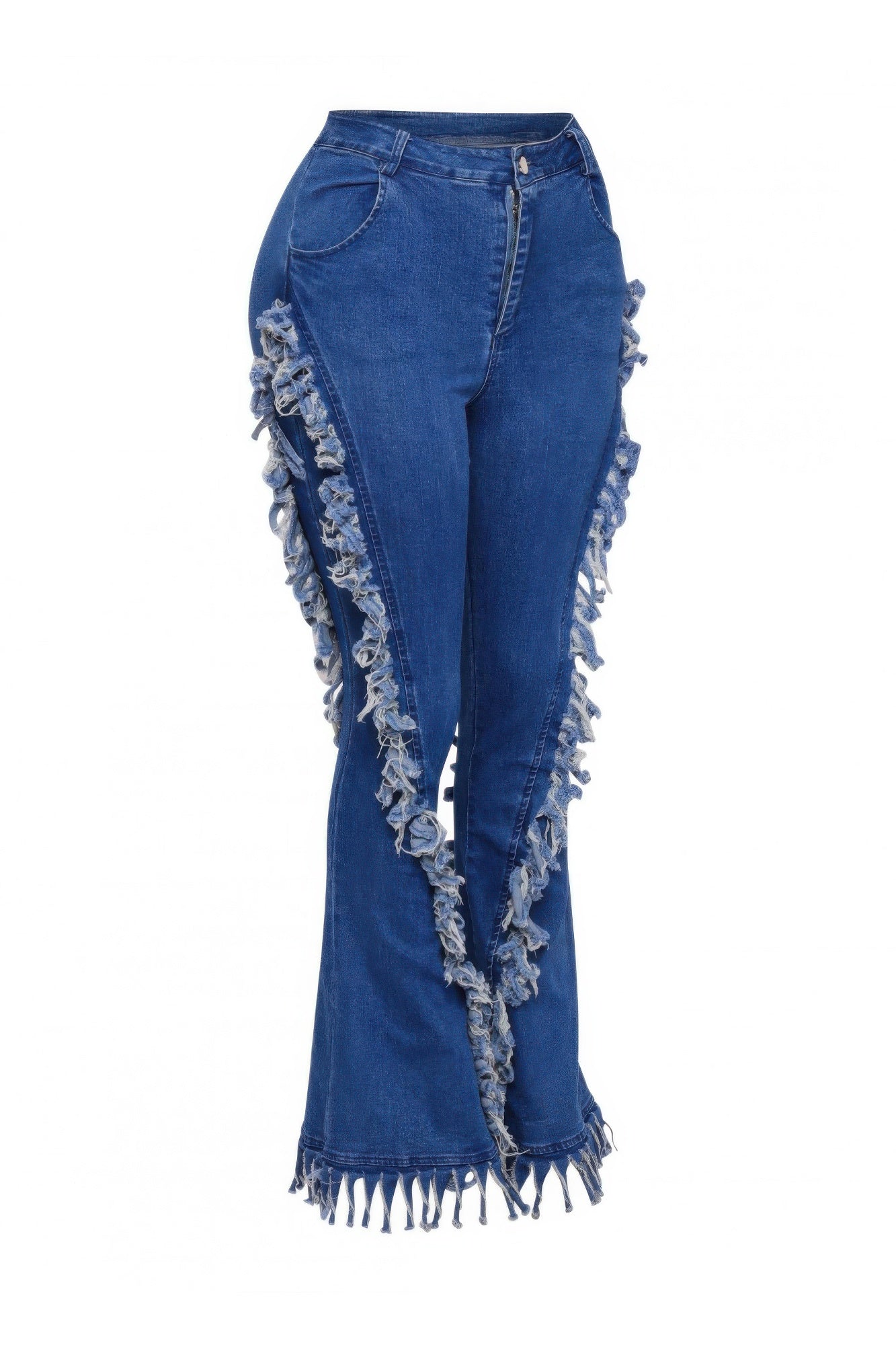 Distressed Fringe Denim Flared Pant — Light blue