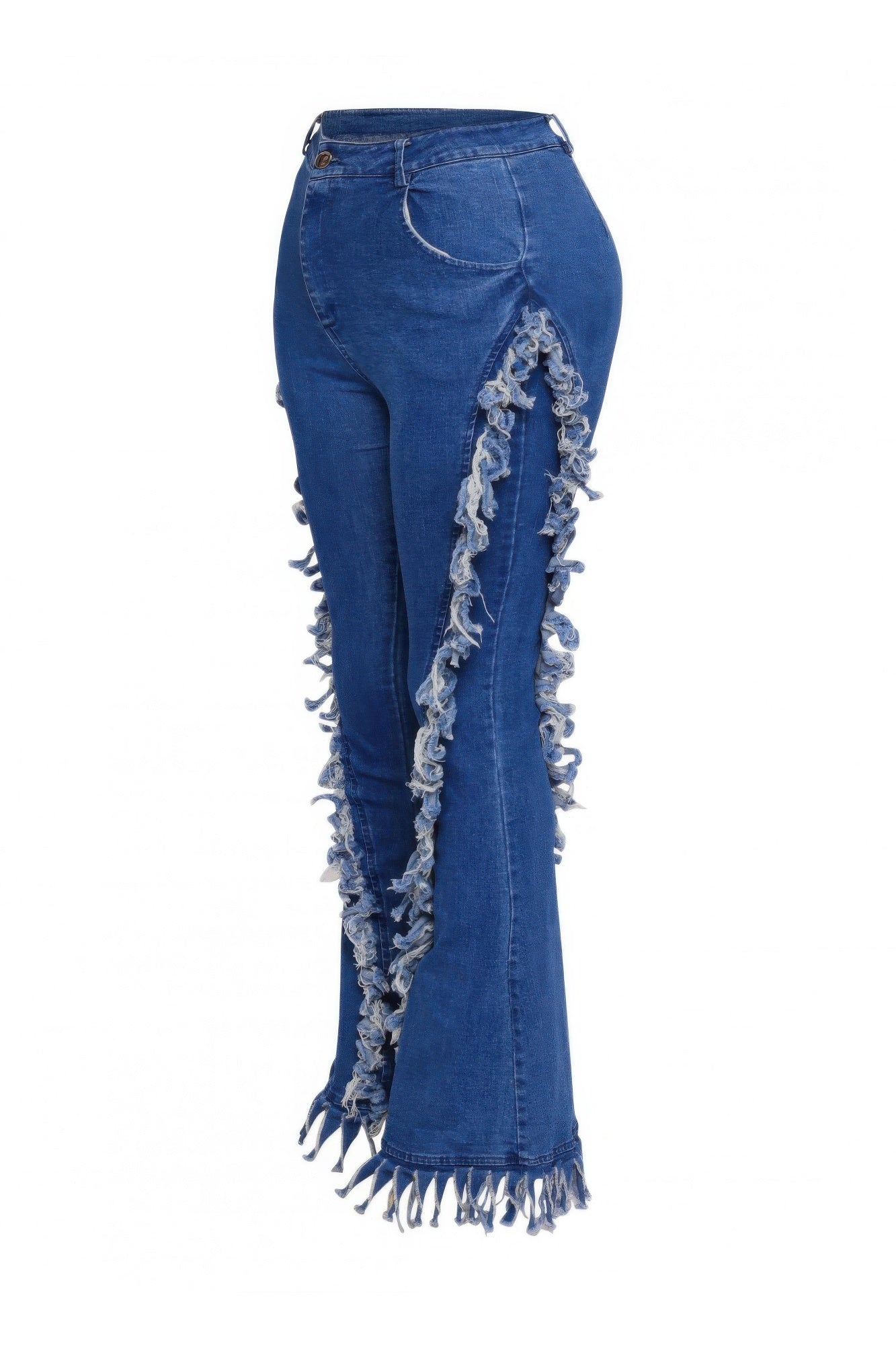 Distressed Fringe Denim Flared Pant — Light blue