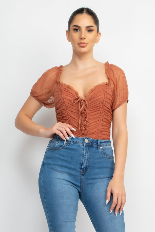 Shirred Mesh Sleeve Bodysuit — Cocoa