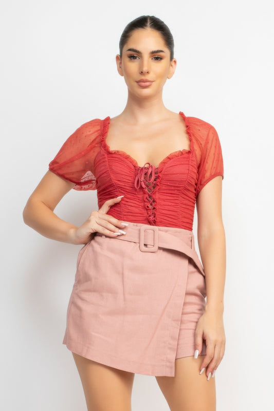 Shirred Mesh Sleeve Bodysuit — Rosy
