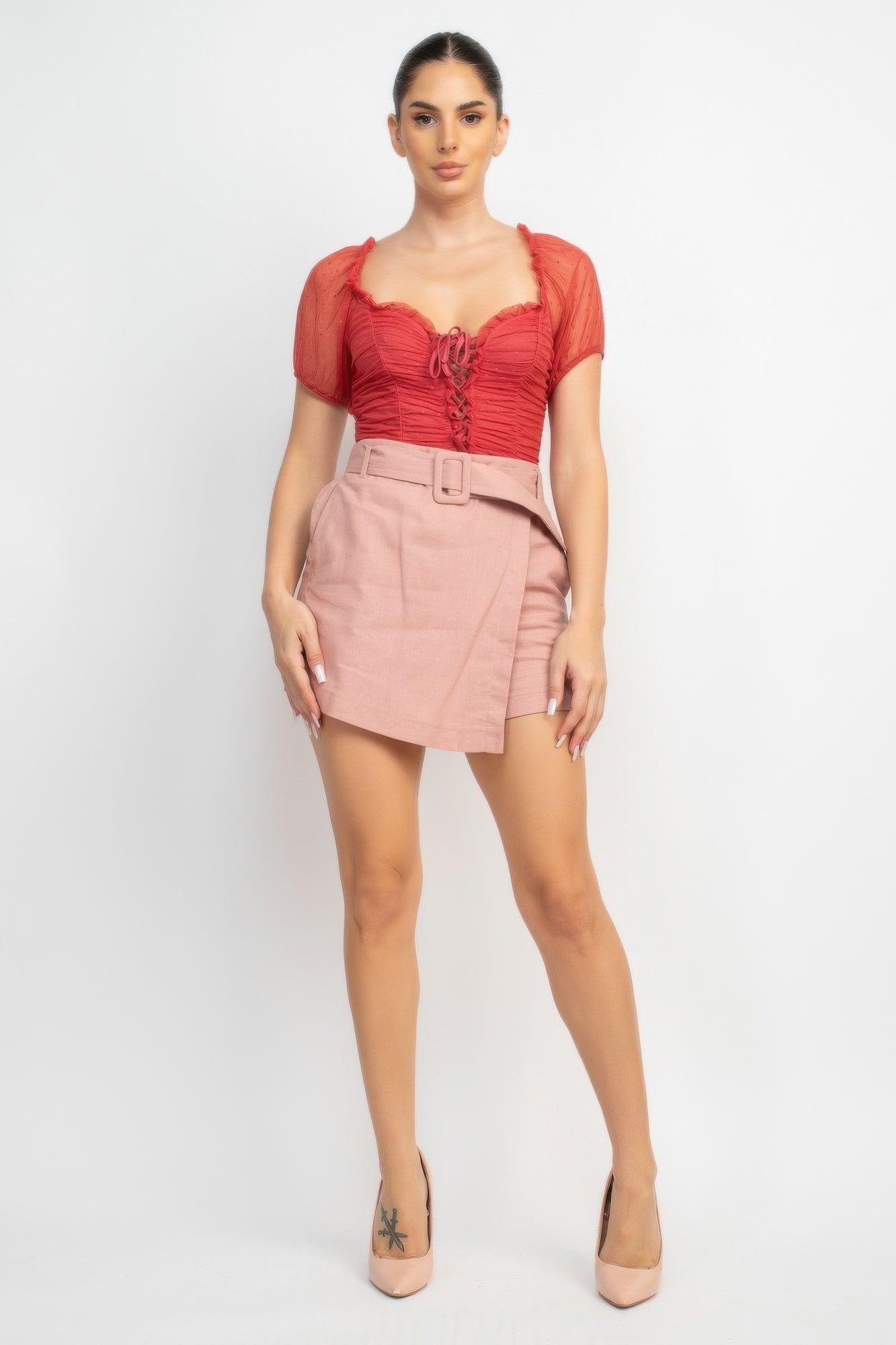 Shirred Mesh Sleeve Bodysuit — Rosy