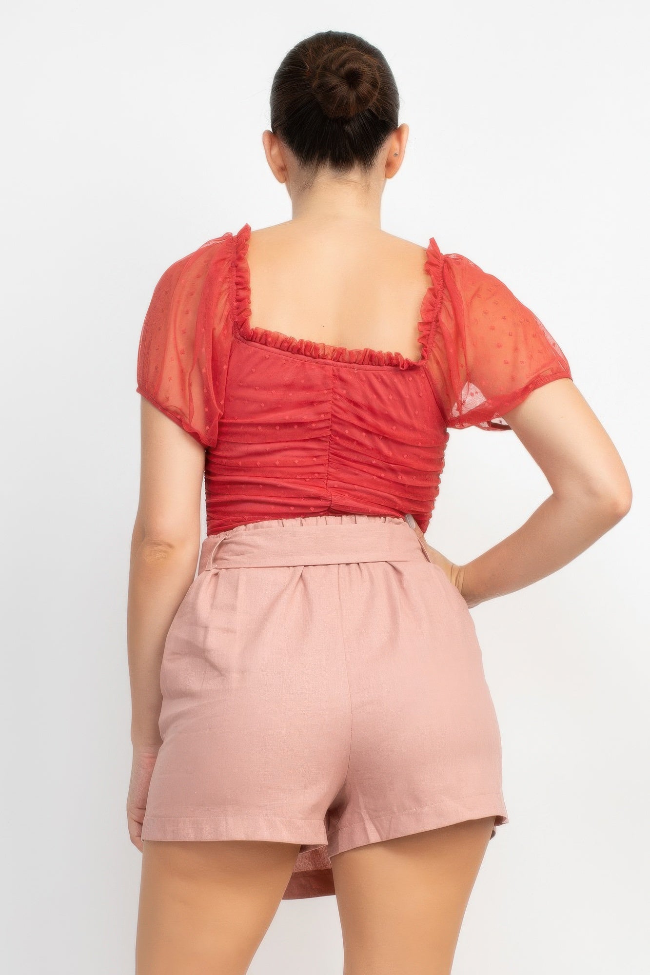 Shirred Mesh Sleeve Bodysuit — Rosy