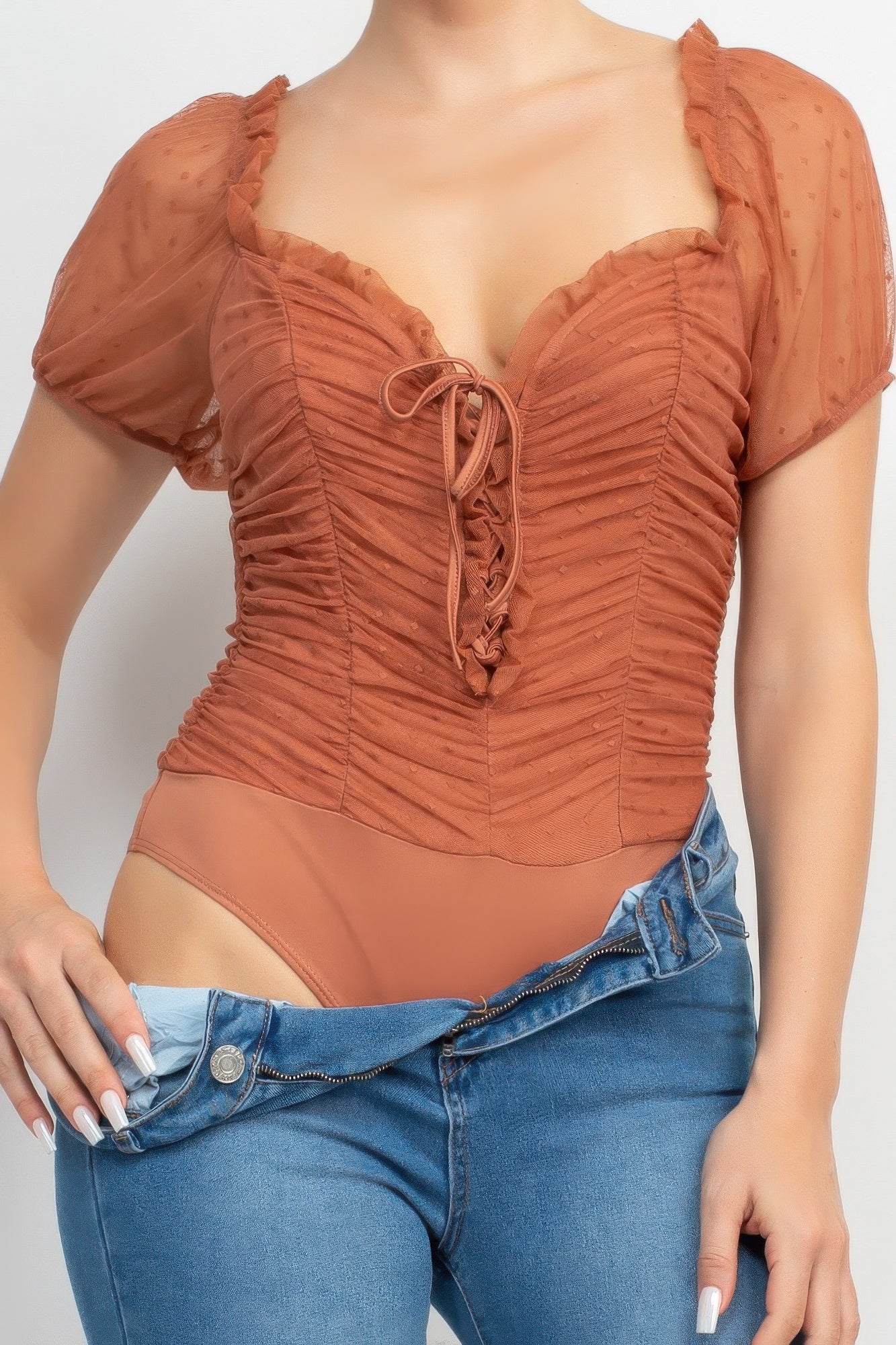 Shirred Mesh Sleeve Bodysuit — Cocoa
