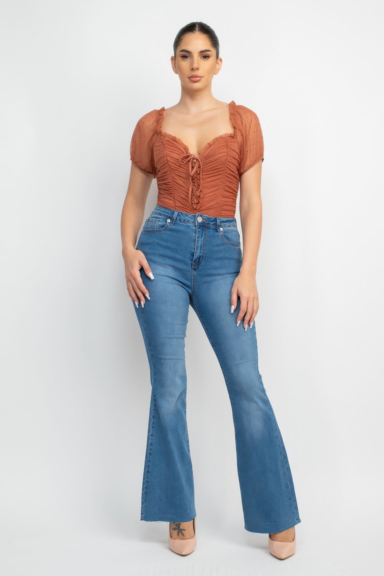 Shirred Mesh Sleeve Bodysuit — Cocoa