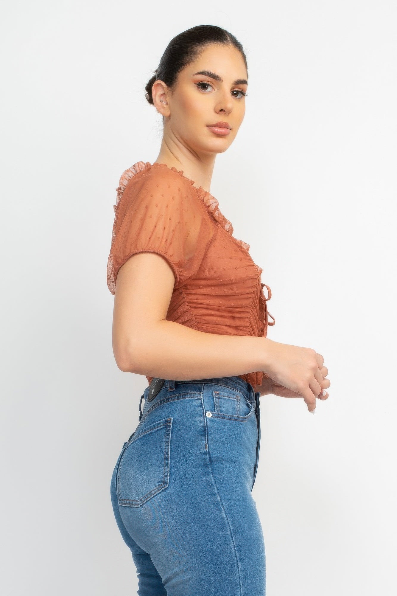 Shirred Mesh Sleeve Bodysuit — Cocoa