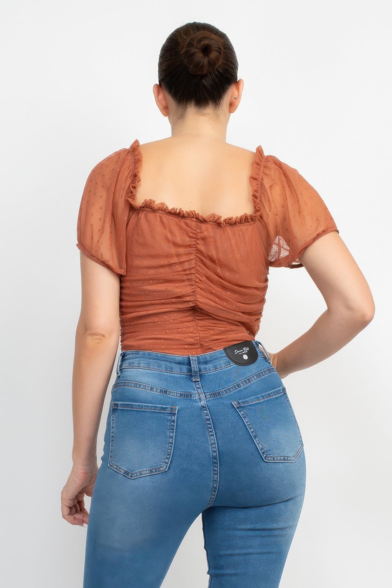 Shirred Mesh Sleeve Bodysuit — Cocoa