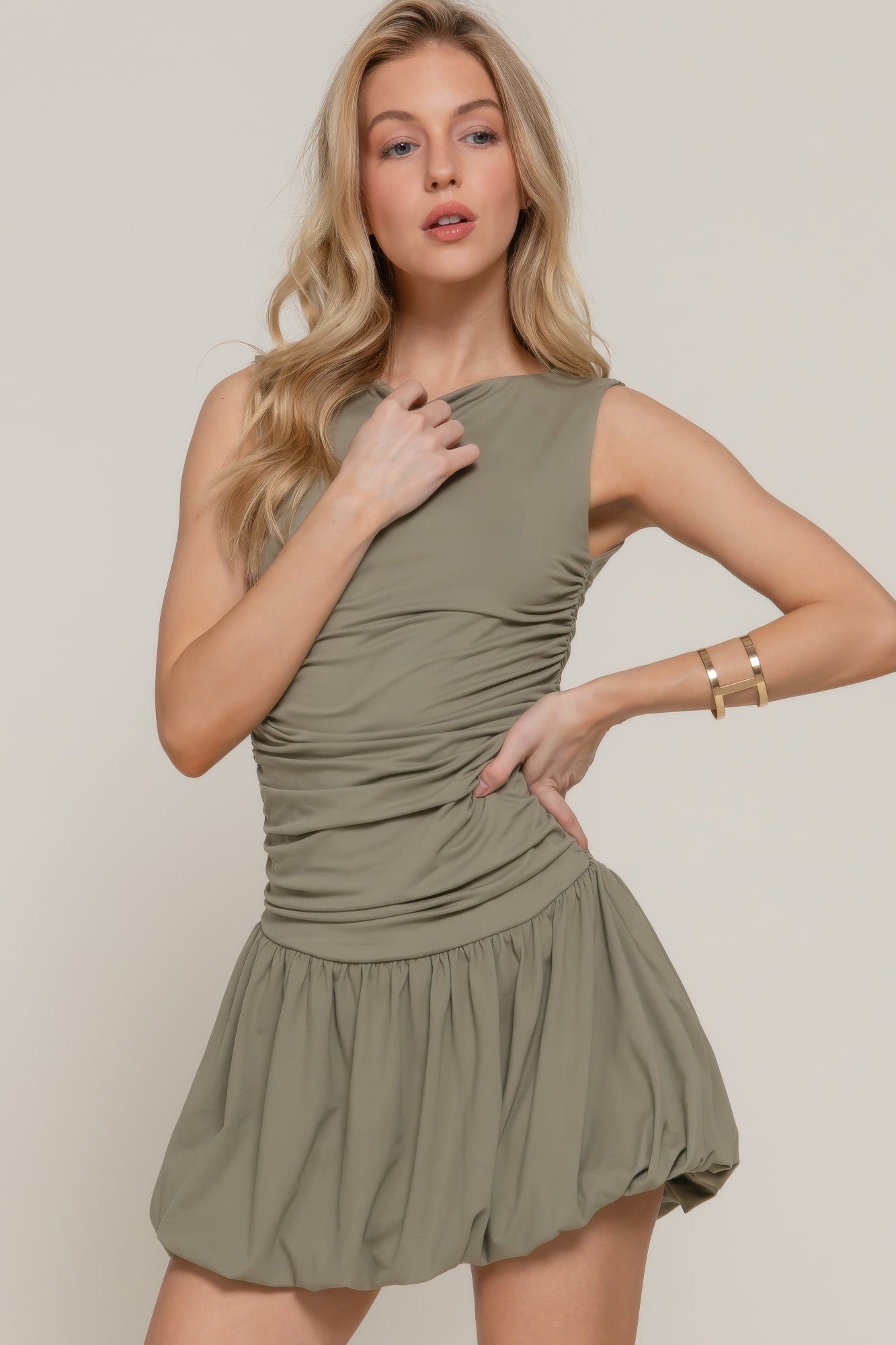 Sleeveless Boat Neck Voluminous Mini Dress — Light olive