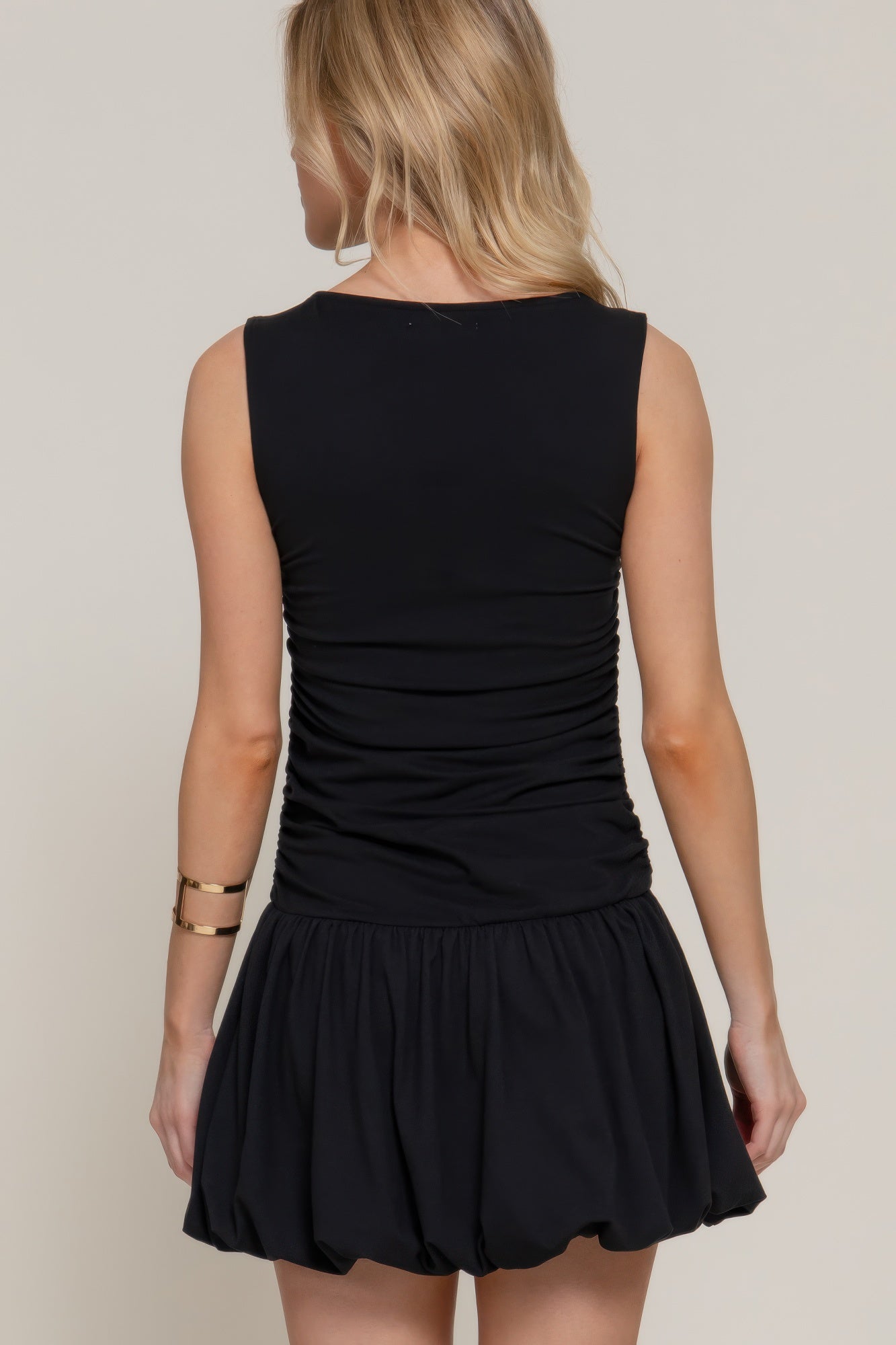 Sleeveless Boat Neck Voluminous Mini Dress — Black
