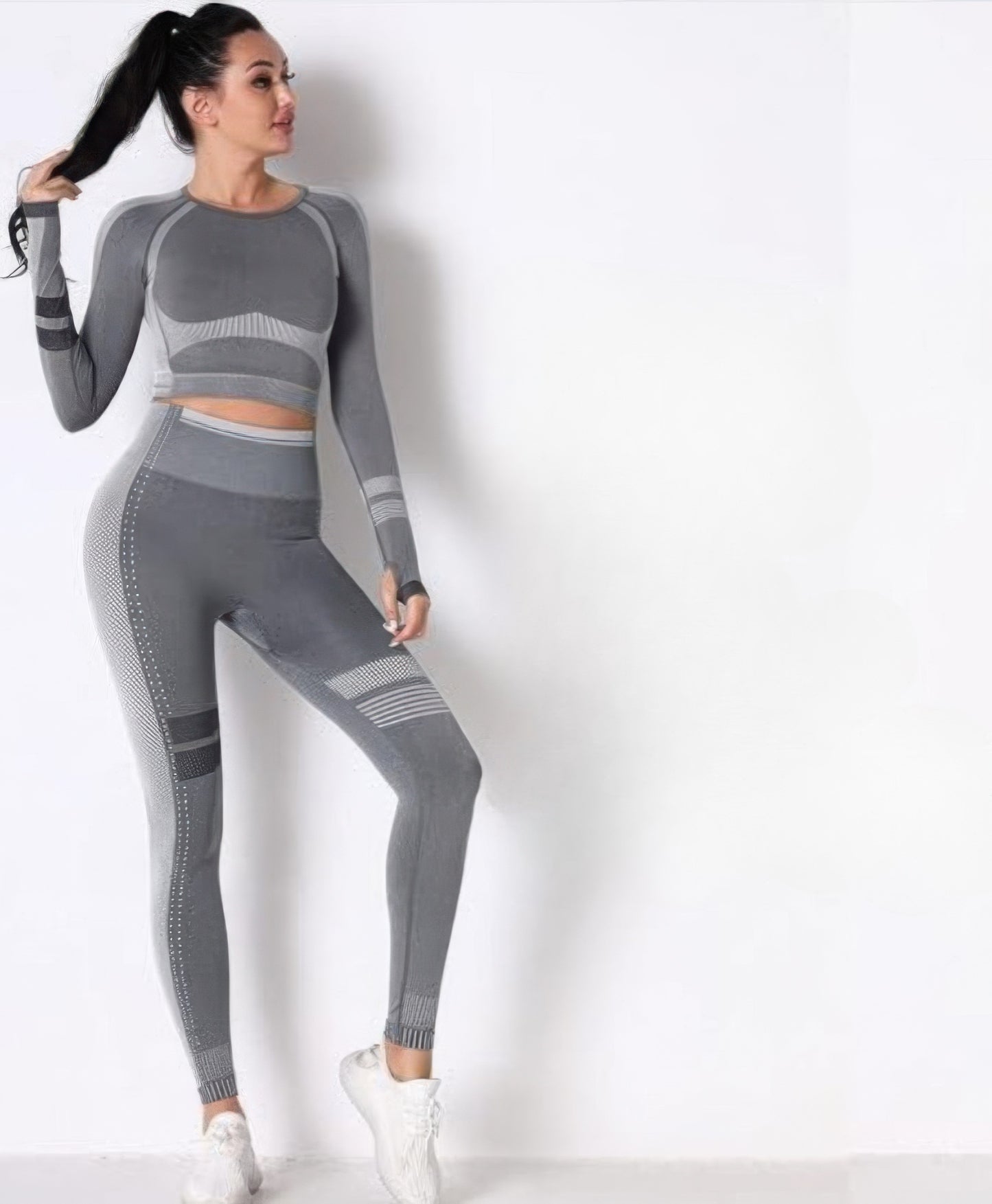 Seamless Long Sleeve Solid Yoga Set — Dark grey