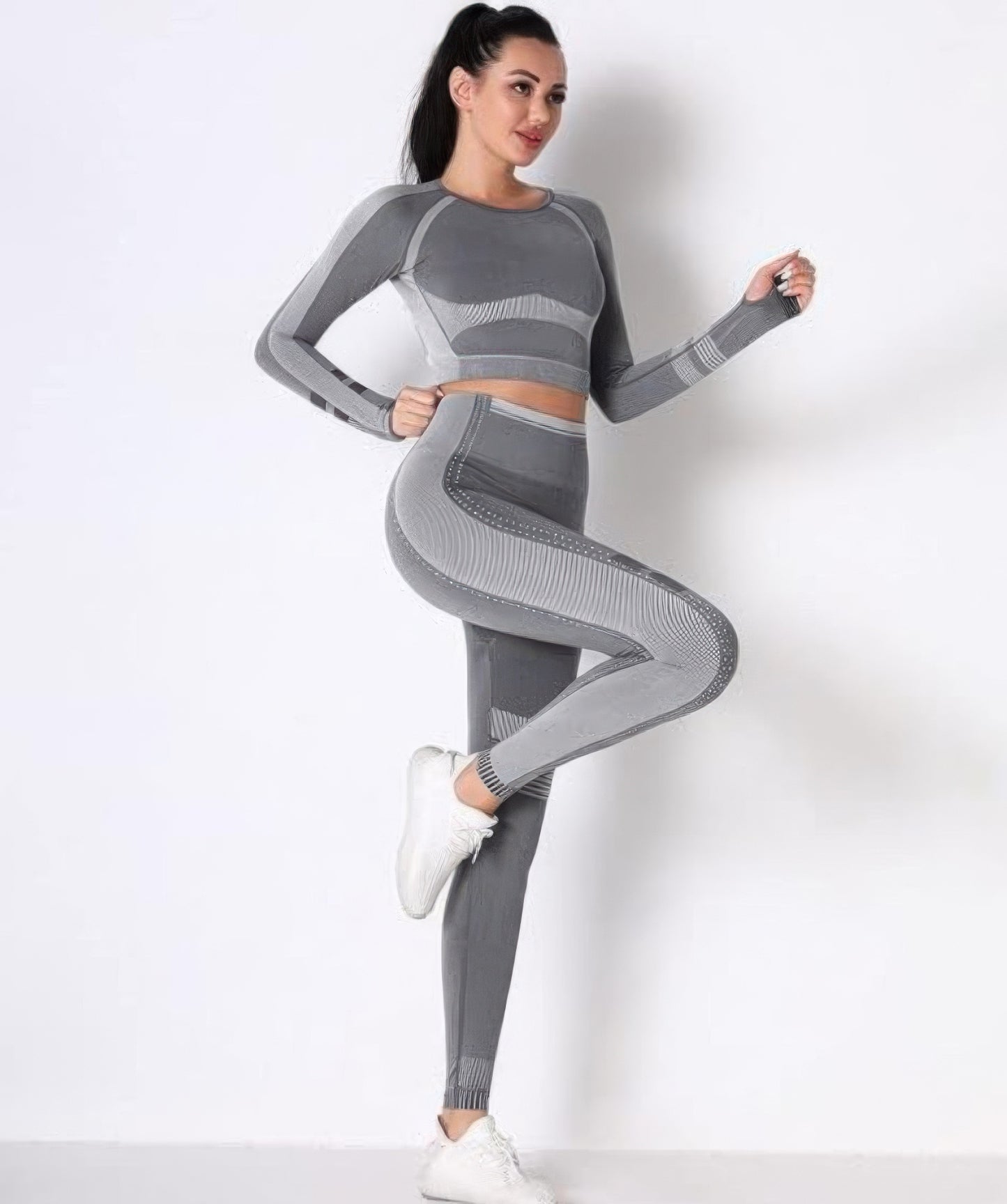 Seamless Long Sleeve Solid Yoga Set — Dark grey