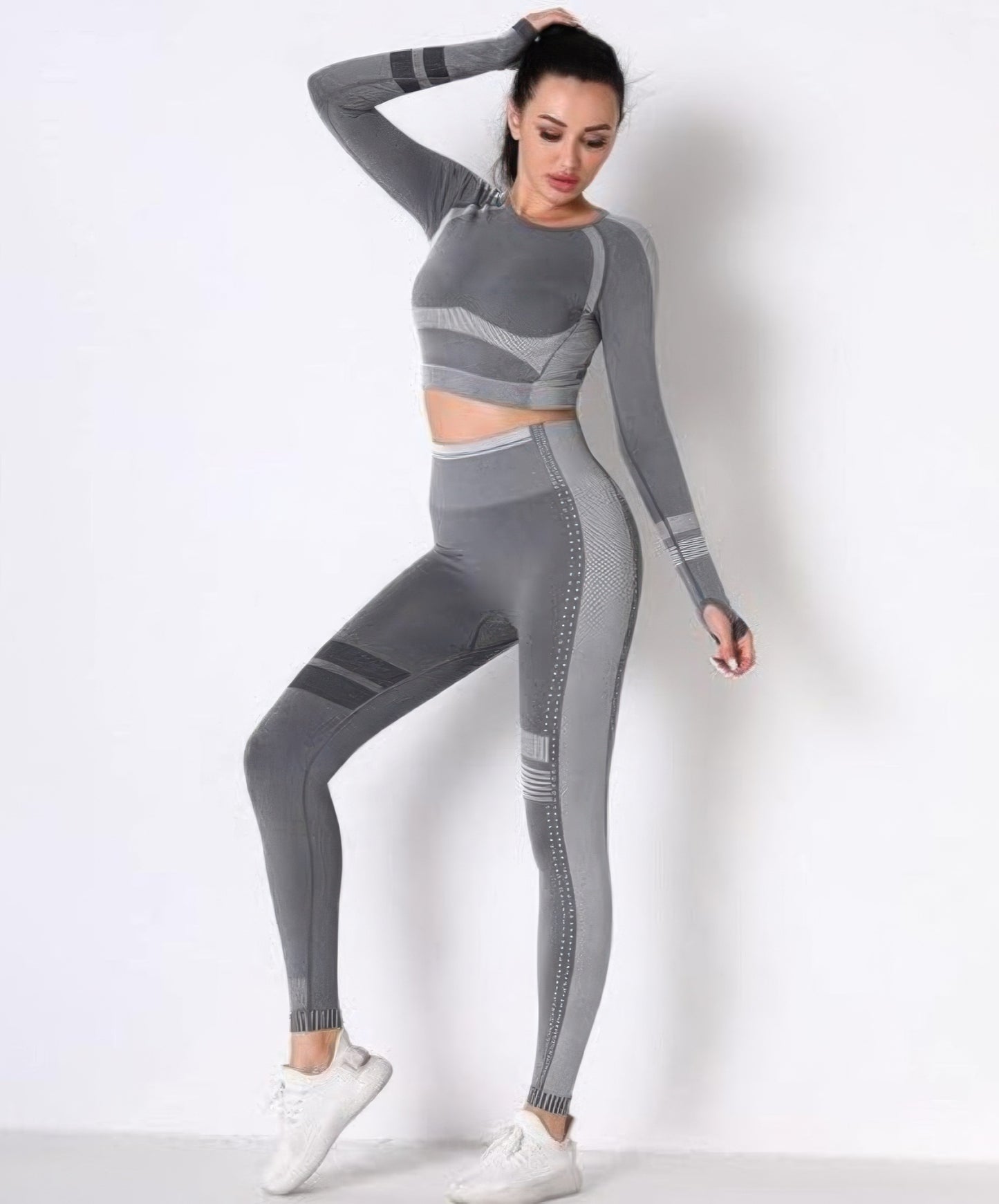 Seamless Long Sleeve Solid Yoga Set — Dark grey