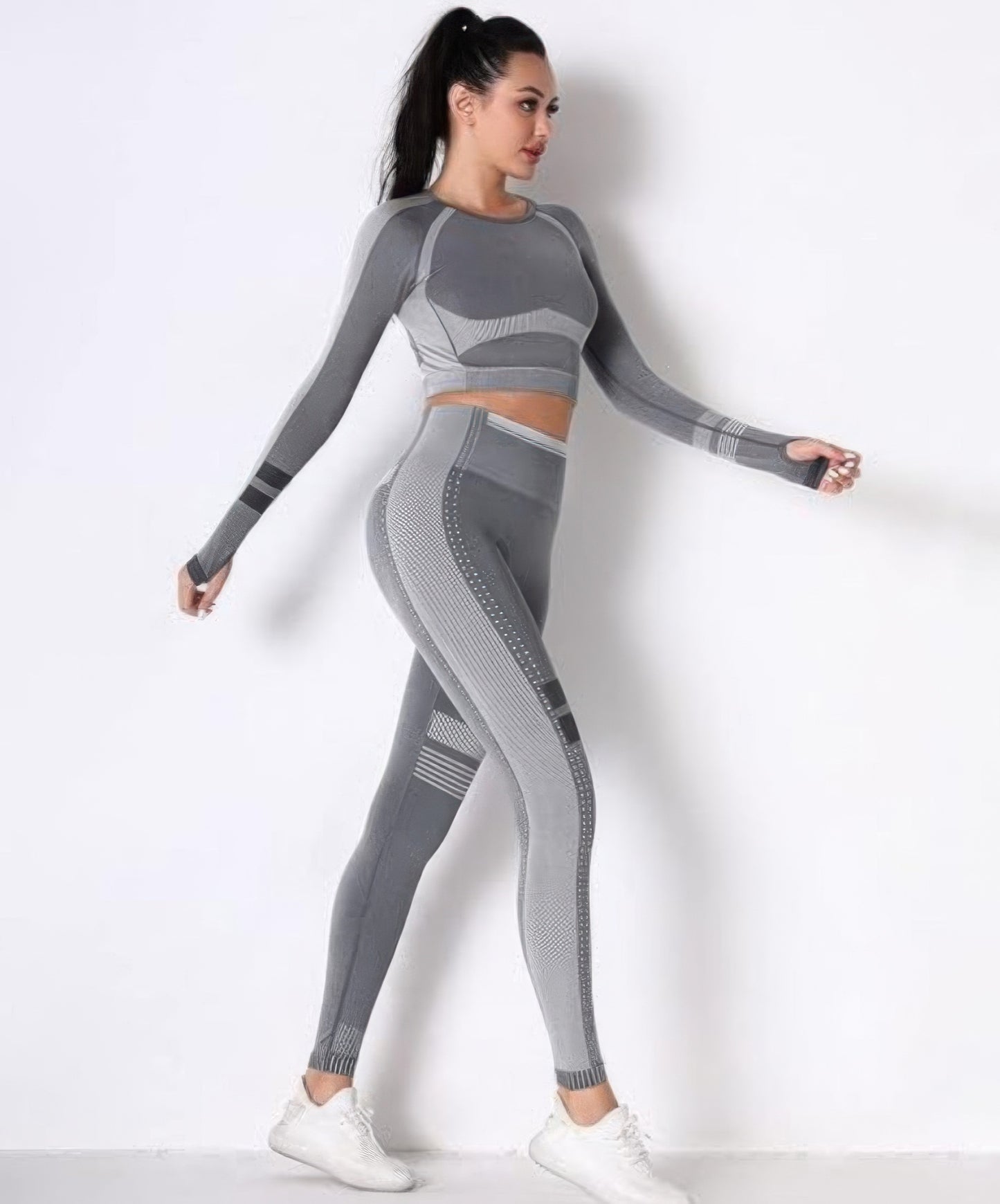 Seamless Long Sleeve Solid Yoga Set — Dark grey