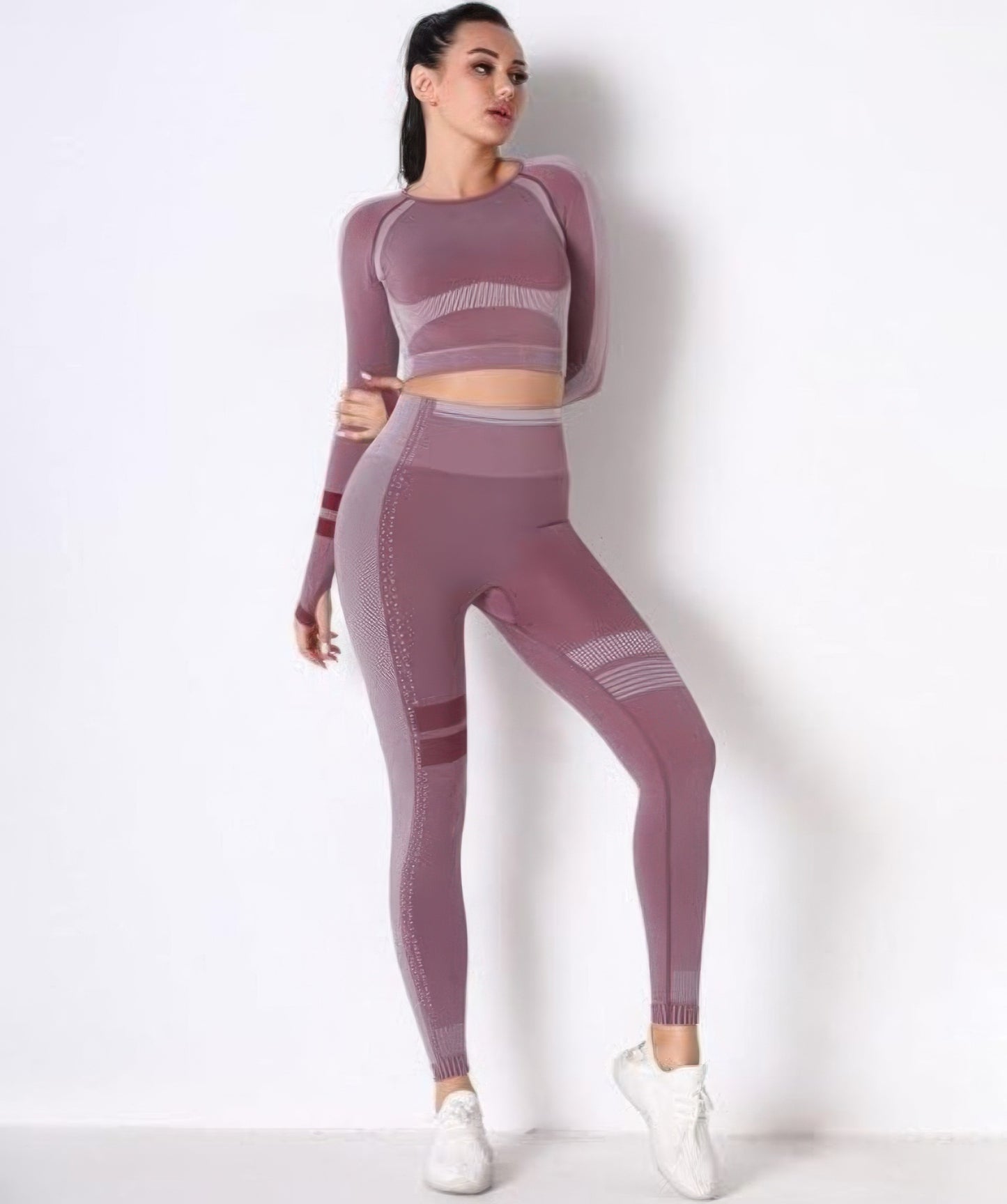 Seamless Long Sleeve Solid Yoga Set — Berry