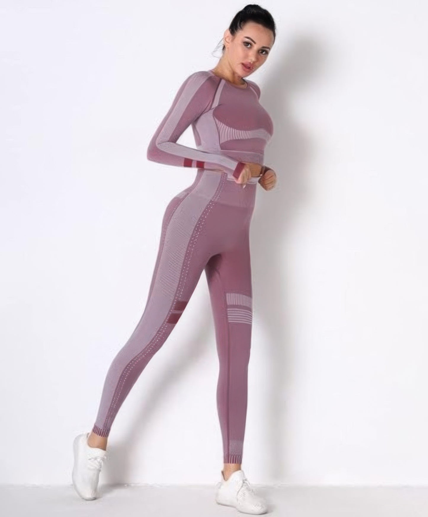 Seamless Long Sleeve Solid Yoga Set — Berry