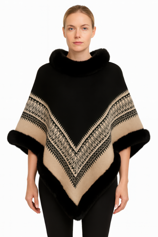 Chevron Trim Poncho With Faux Fur Collar — Black