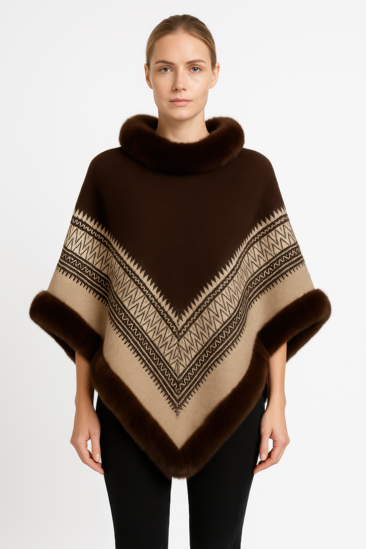 Chevron Trim Poncho With Faux Fur Collar — Camel