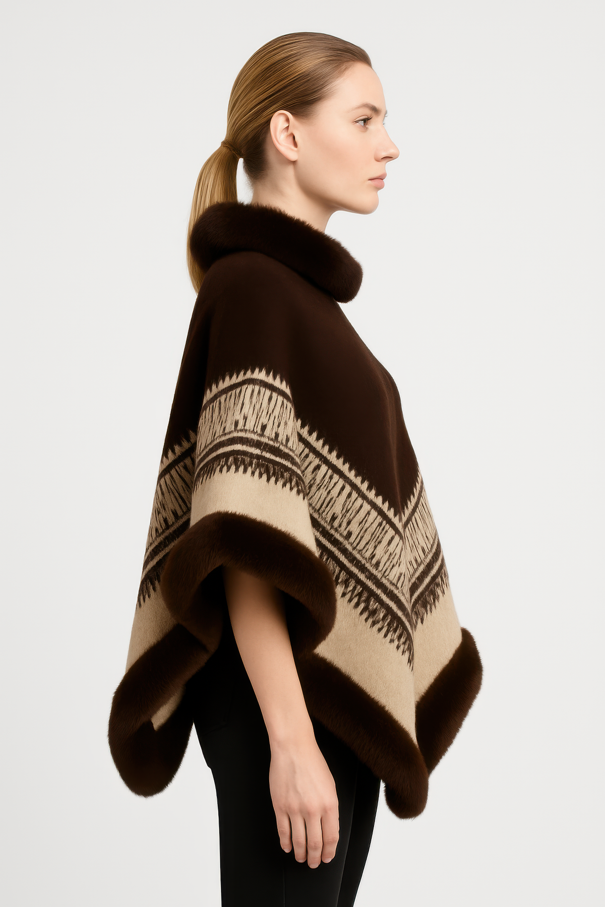 Chevron Trim Poncho With Faux Fur Collar — Camel