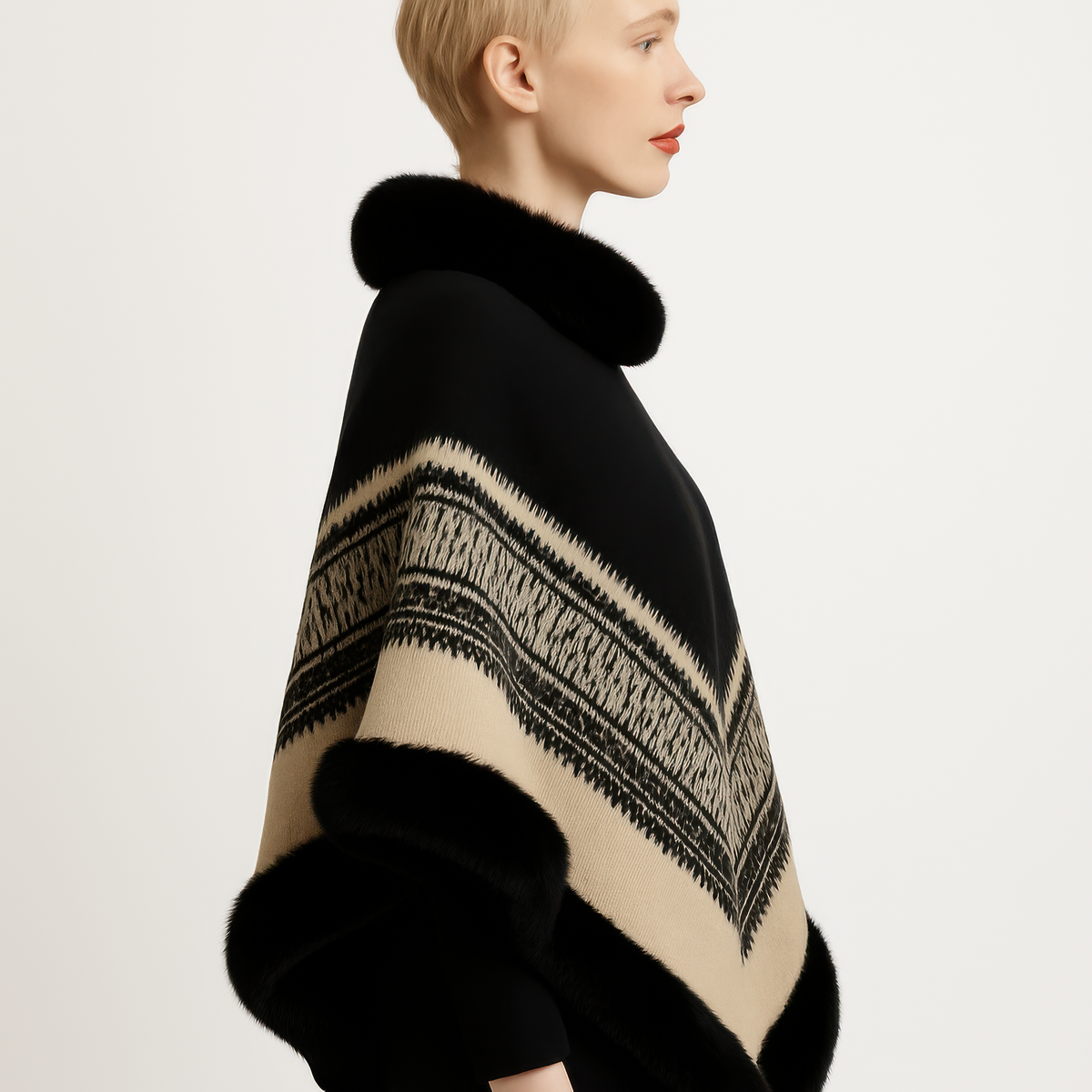 Chevron Trim Poncho With Faux Fur Collar — Black