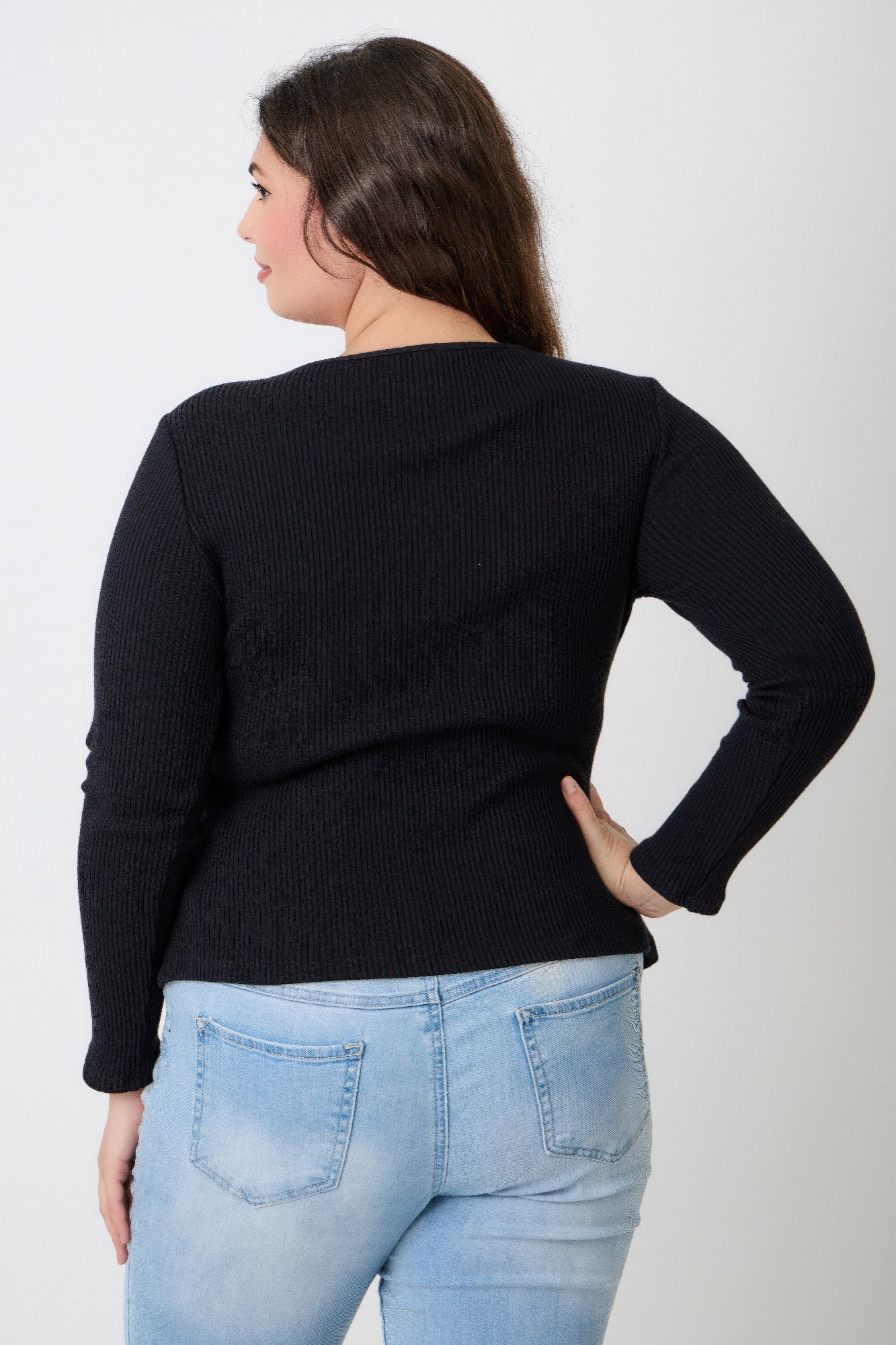 Plus Size Black Ribbed Cutout Long Sleeve Top